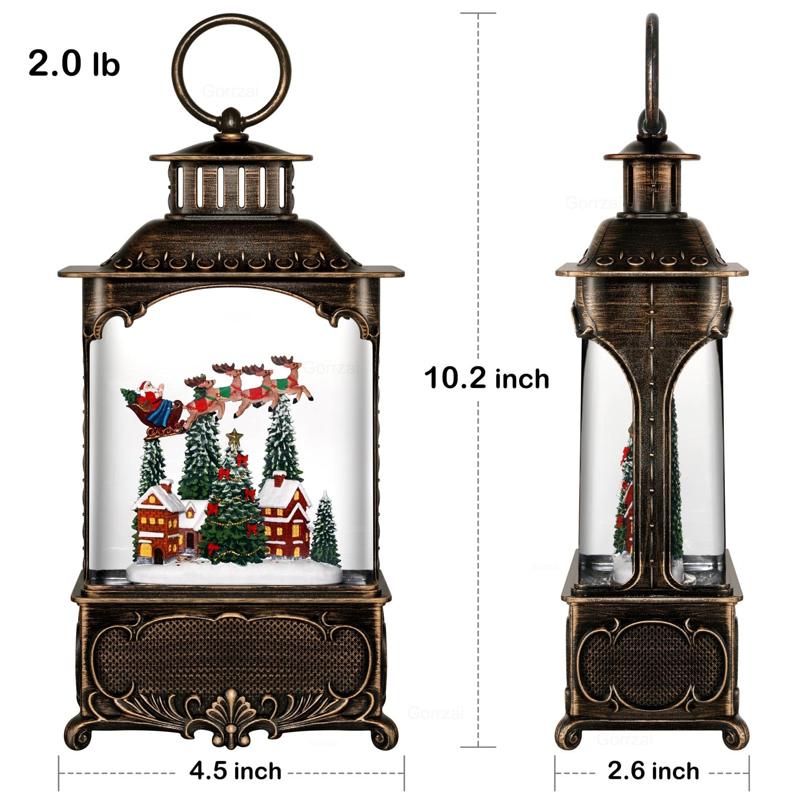 Village Snow Globe Christmas Decor - Musical Lighted Lantern with Swirling Glitter, Santa Church Reindeer Scene, USB/Battery Powered - Perfect for Home, Office & Holiday Party Decorations