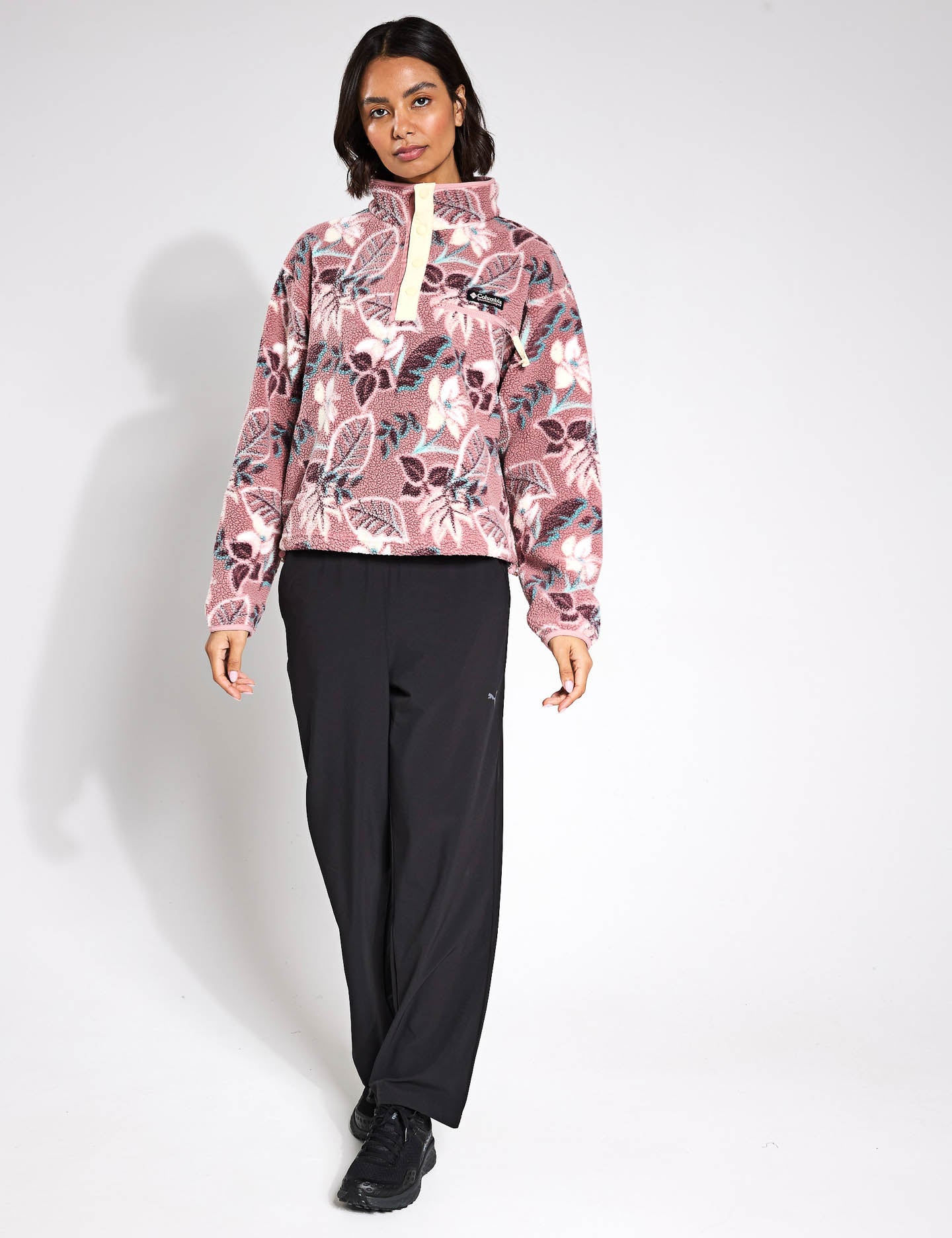 Helvetia II Cropped Sherpa Half Snap Printed Fleece Jacket in Fig Pastel Multi Colors - Cozy Winter Outerwear for Women, Perfect for Casual Outings and Outdoor Adventures