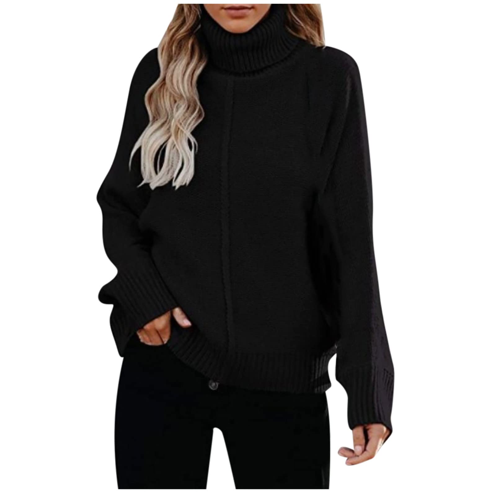 Women's Solid Color Turtleneck Sweater - Long Sleeve Loose Knit Pullover for Fall & Winter - Warm Elegant Casual Wear for Office, Dating & Holiday Outfits