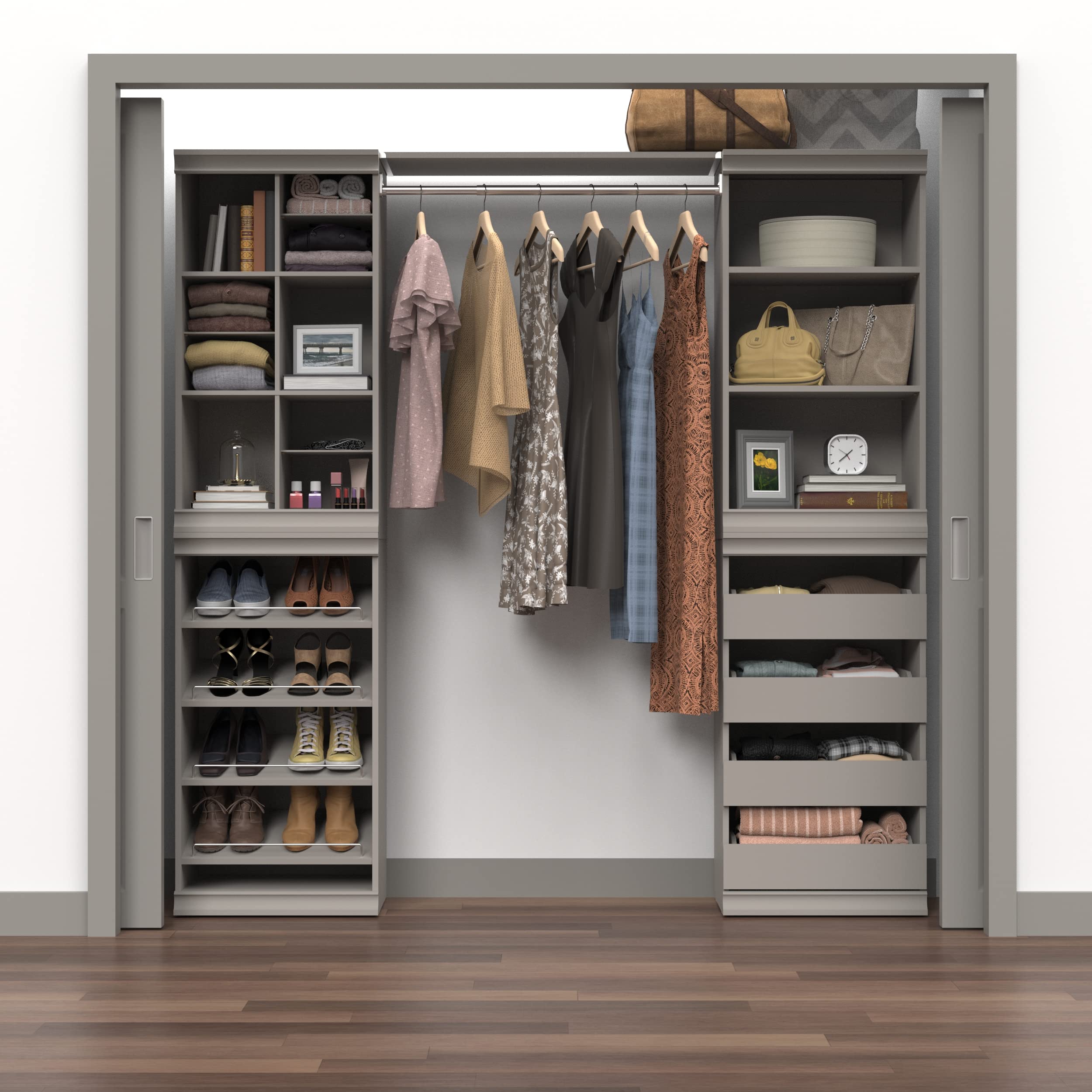 ClosetMaid Modular Storage Shelf Unit with Angled Shoe Shelves - Space Saving Closet Organizer for Shoes, Handbags & Accessories - Taupe Finish for Bedroom, Closet or Entryway Organization