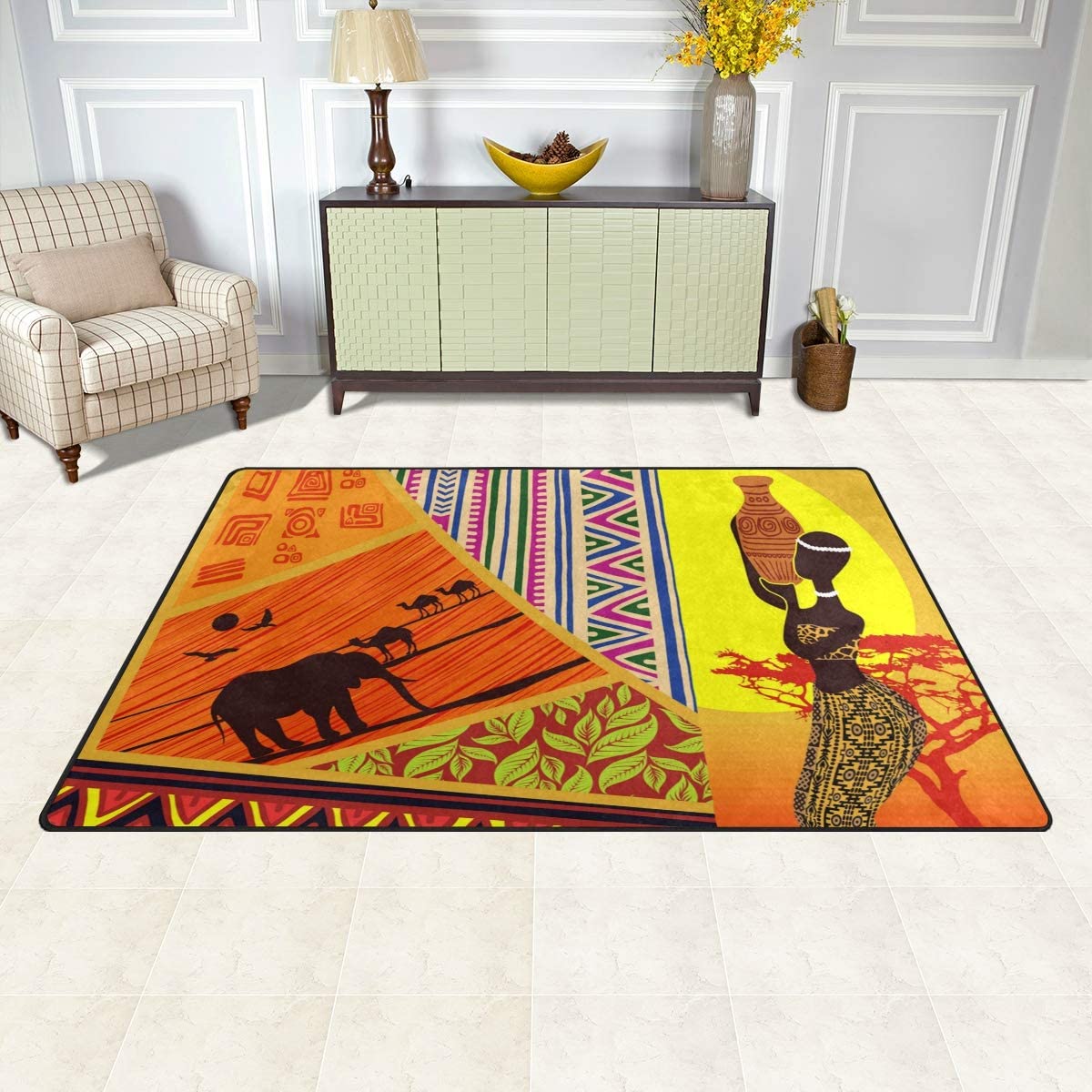 African Tribal Ethnic Area Rug with Animal Print - Soft Washable Non-Slip Carpet 6.6x5.3ft for Living Room, Bedroom, Kitchen - Perfect for Boho Decor & Cozy Home Office Flooring
