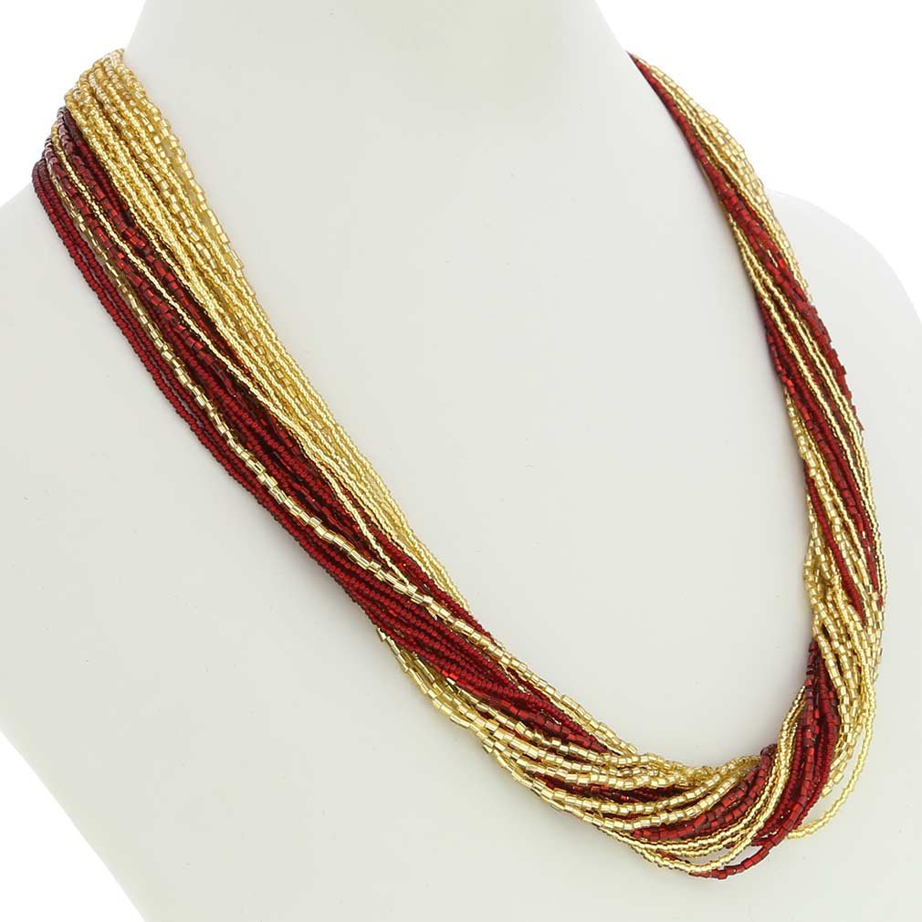 Venetian Murano Glass Gloriosa 24-Strand Seed Bead Necklace - Red & Gold Handmade Jewelry | Perfect for Weddings, Parties & Special Occasions