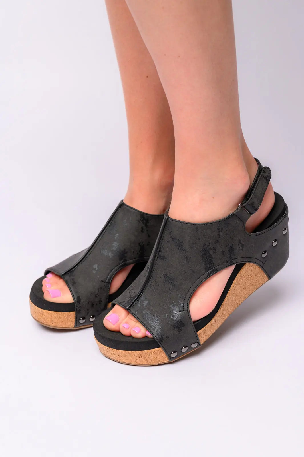 Carley Black Metallic Wedge Sandals for Women - Comfortable Summer Beach Walking Shoes for Outdoor Vacation & Casual Wear