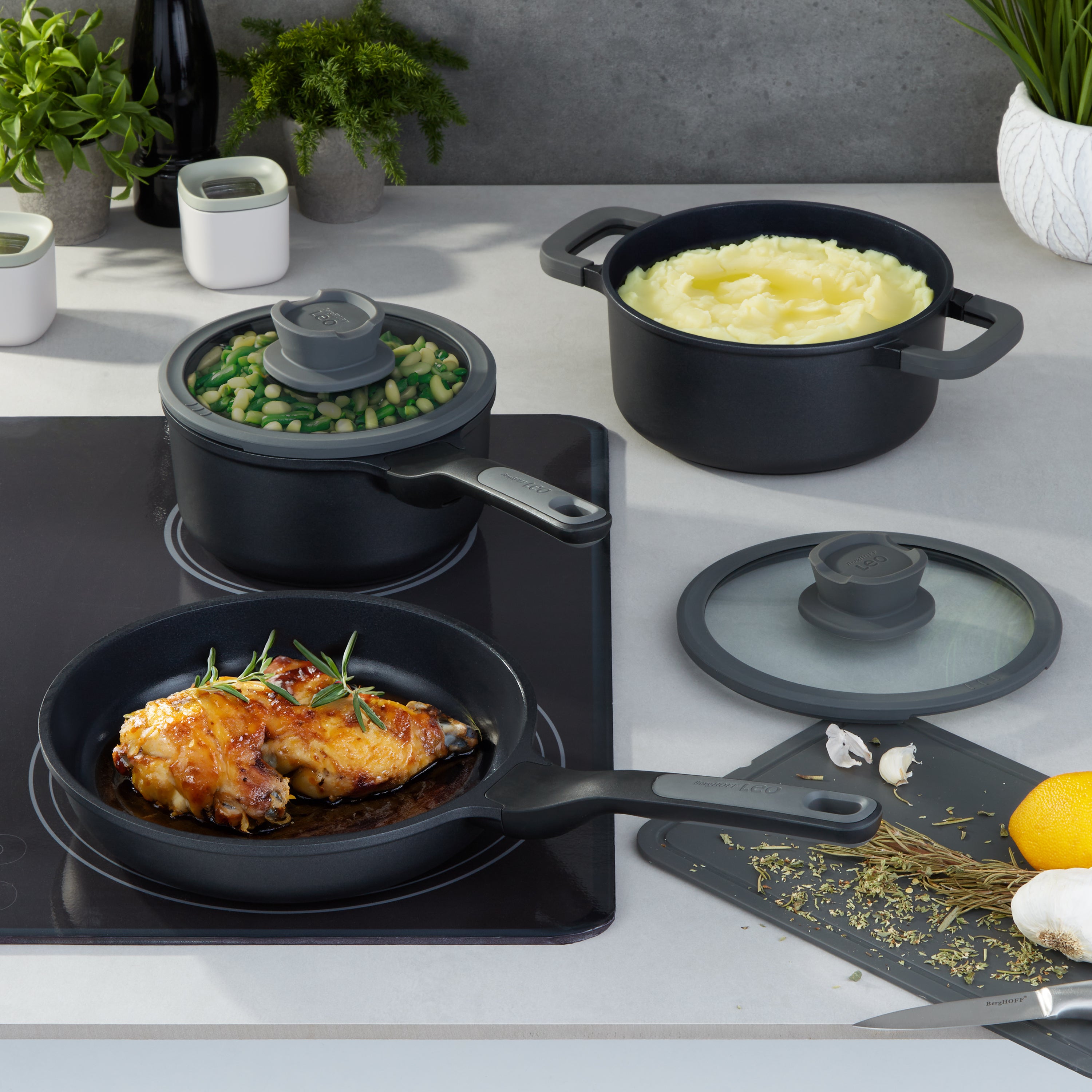 BergHOFF Leo Stone+ 10-Piece Nonstick Ceramic Cookware Set - Healthy Cooking for Everyday Meals & Family Dinners
