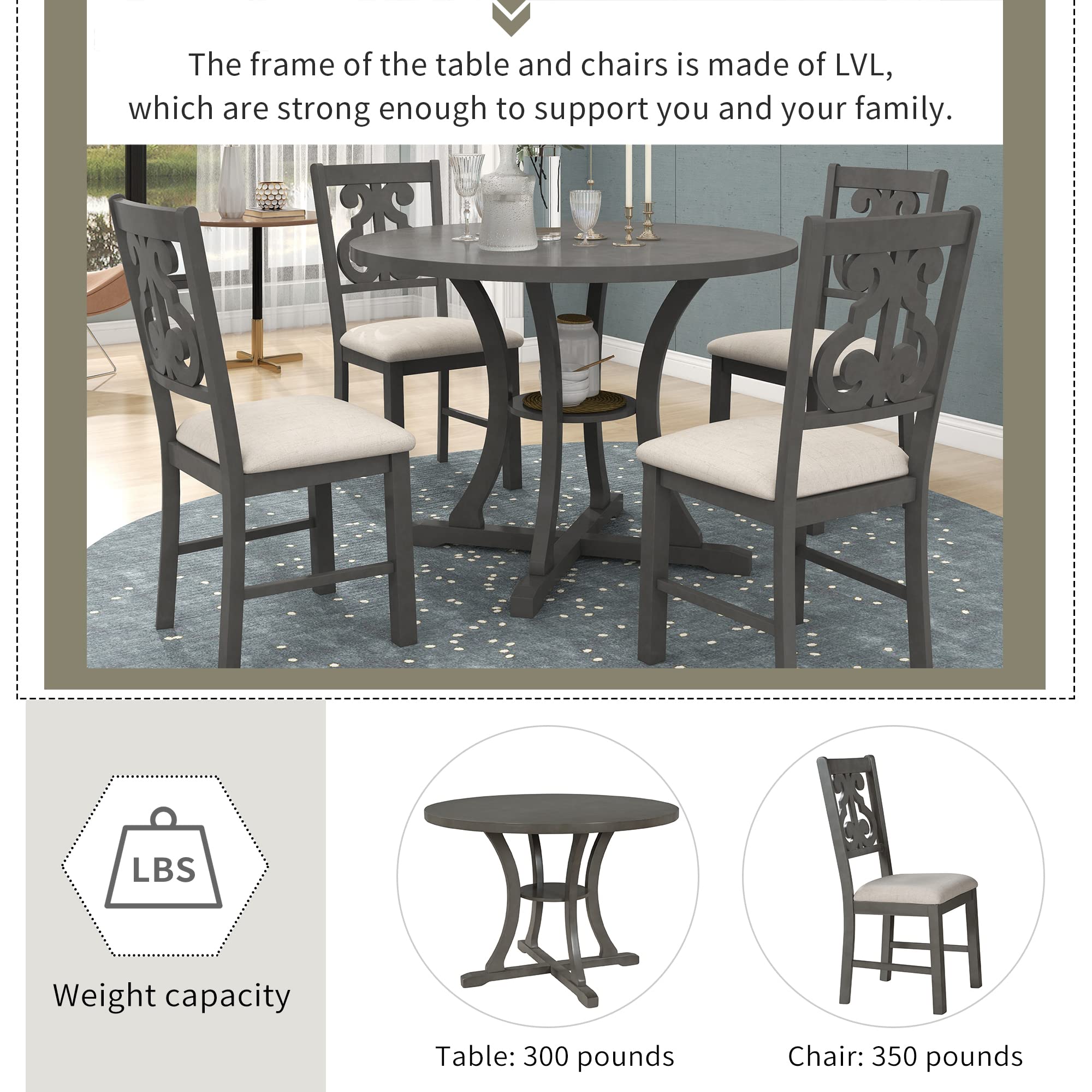 P PURLOVE 5-Piece Rustic Wood Kitchen Dining Set - Round Table with Storage Shelf & 4 Chairs for Small Space | Perfect for Breakfast Nook, Apartment, or Cozy Family Meals