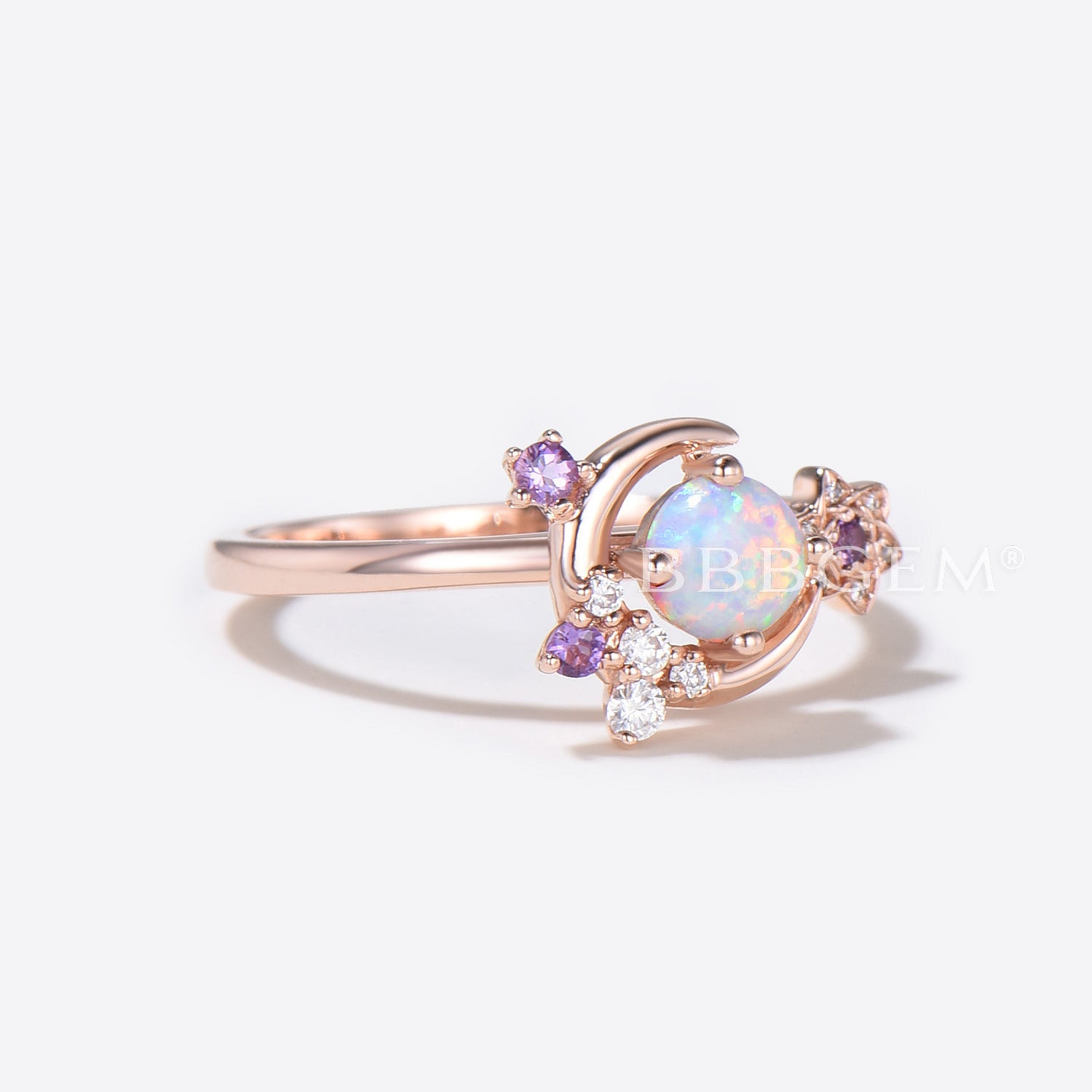 Moon Star Round Opal Engagement Ring 14K Rose Gold Flower Moissanite Diamond Wedding Ring for Women - Perfect for Proposals, Anniversaries & Bridal Jewelry