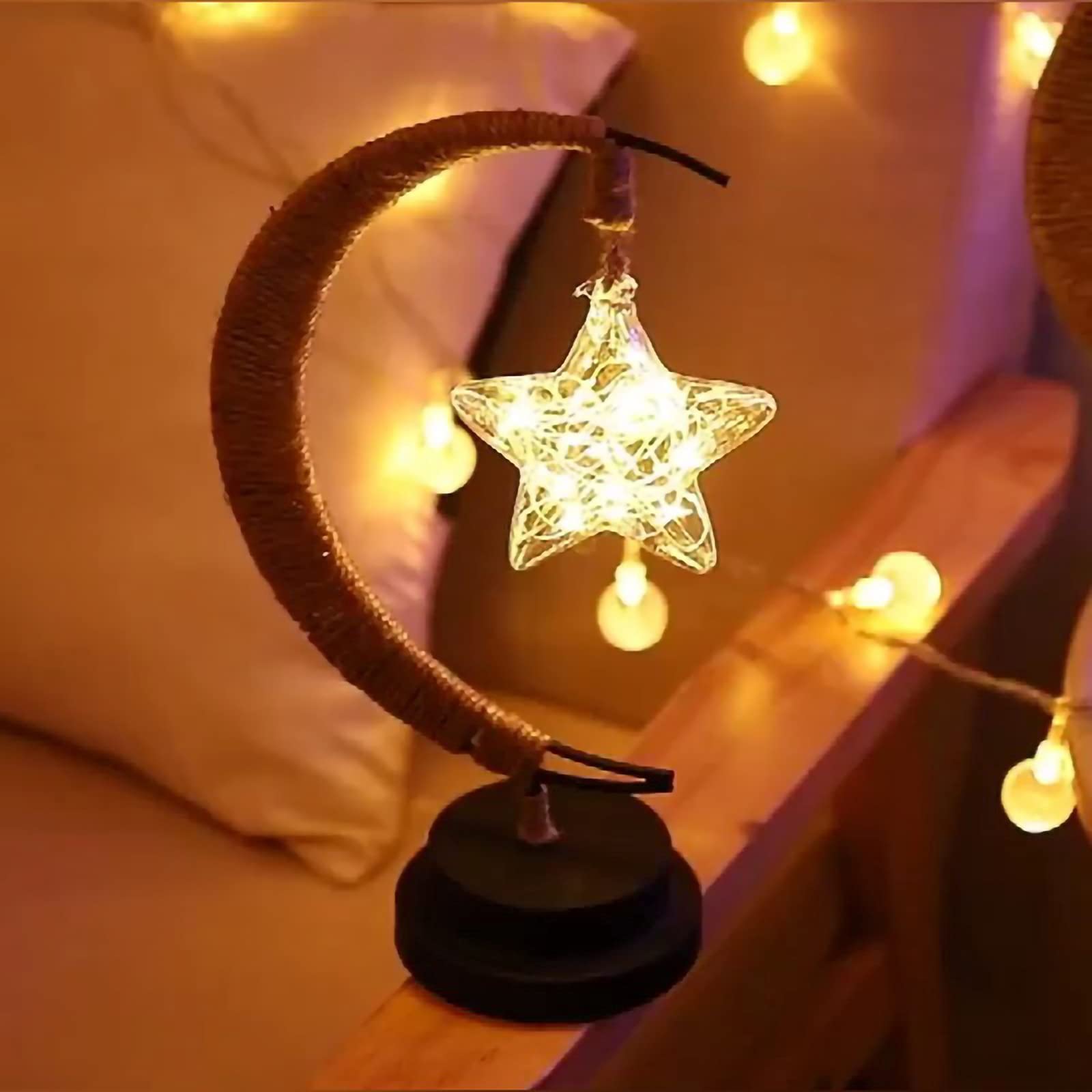 Handmade Hemp Rope Wrought Iron LED Night Light - Stars, Moon, Apple & Sepak Takraw Shapes for Bedside Table, Home & Bedroom Romantic Decoration (Multiple Colors & Sizes) - Perfect for Nursery, Kids Room, Wedding Gift & Cozy Ambiance Lighting