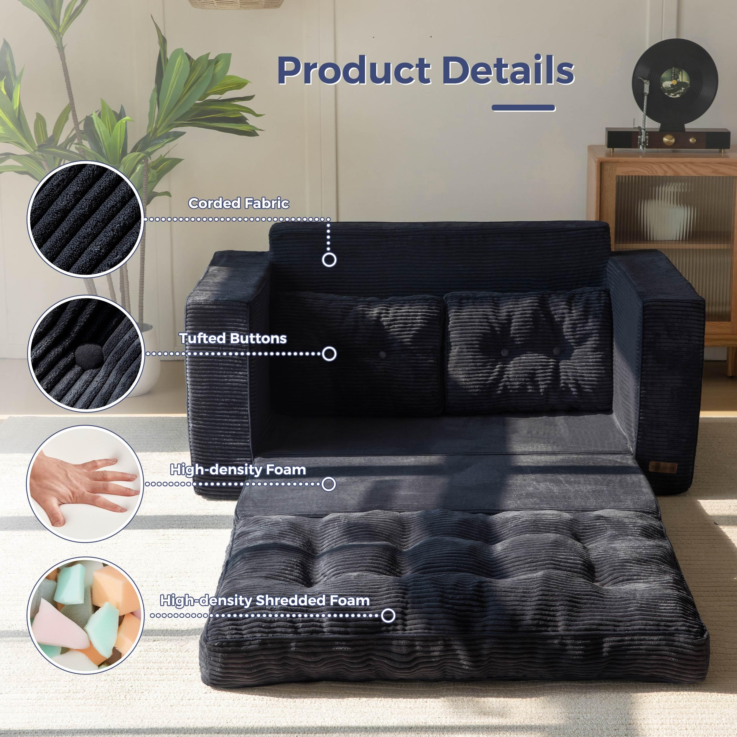 MAXYOYO Convertible Sofa Bed - Corduroy Floor Sofa with Pillows in Black | Multi-Functional Guest Bed & Lounge Chair for Small Spaces, Living Room & Studio Apartments