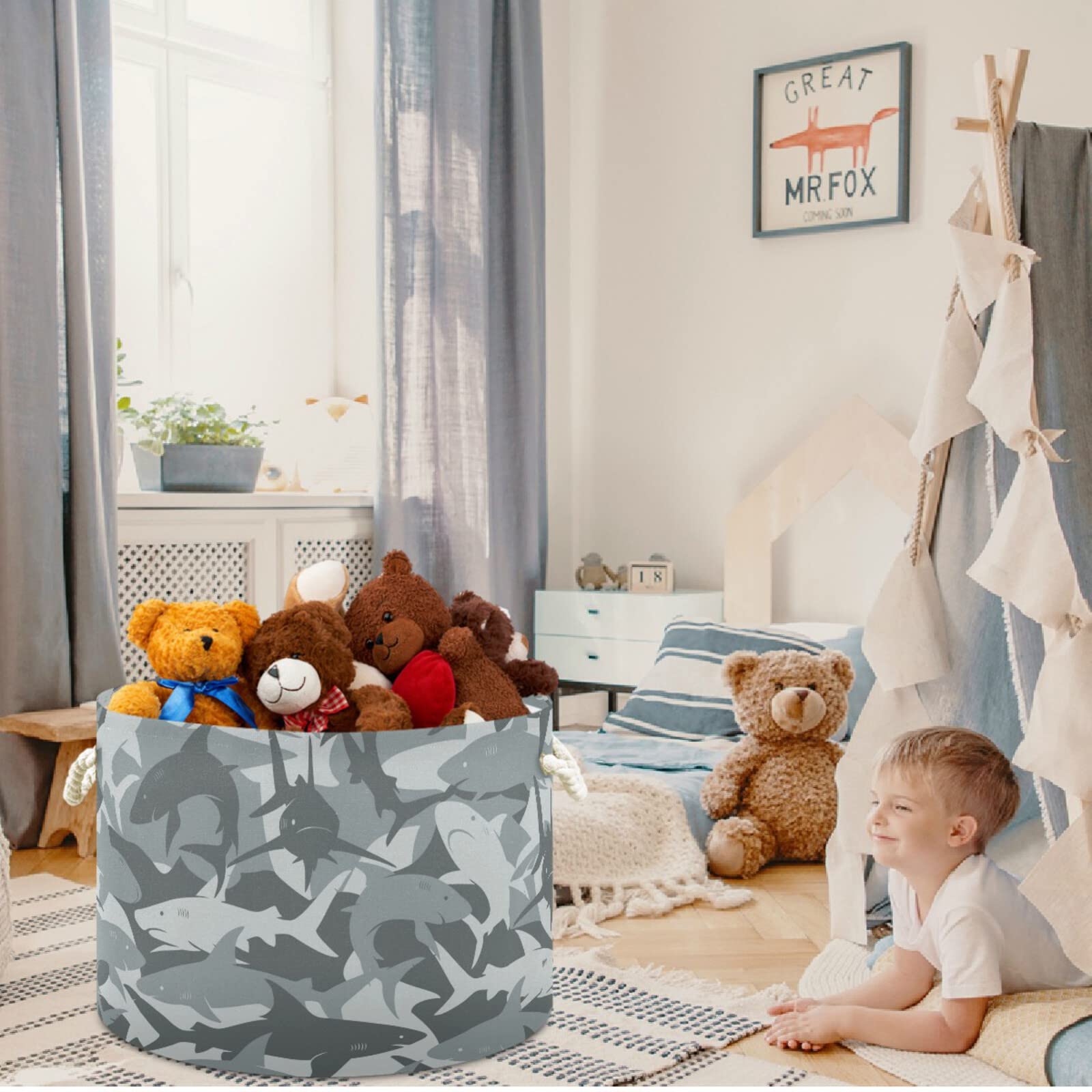 Visesunny Grey Shark Laundry Basket - Collapsible Fabric Storage Bin for Clothes, Toys & Organizing | Perfect for Bathroom, Bedroom, Nursery, Closet & Office | Durable Shark-Themed Storage Solution for Kids' Rooms & Home Organization