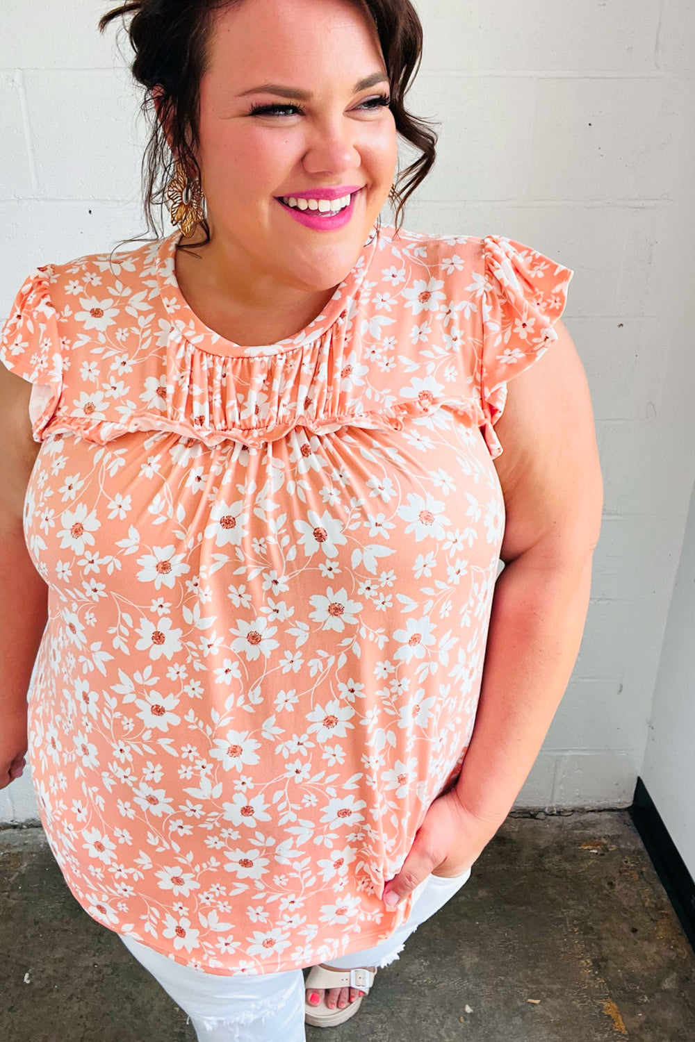 Peach Floral Print Frilled Short Sleeve Yoke Top for Women | Summer Blouse | Casual & Party Wear
