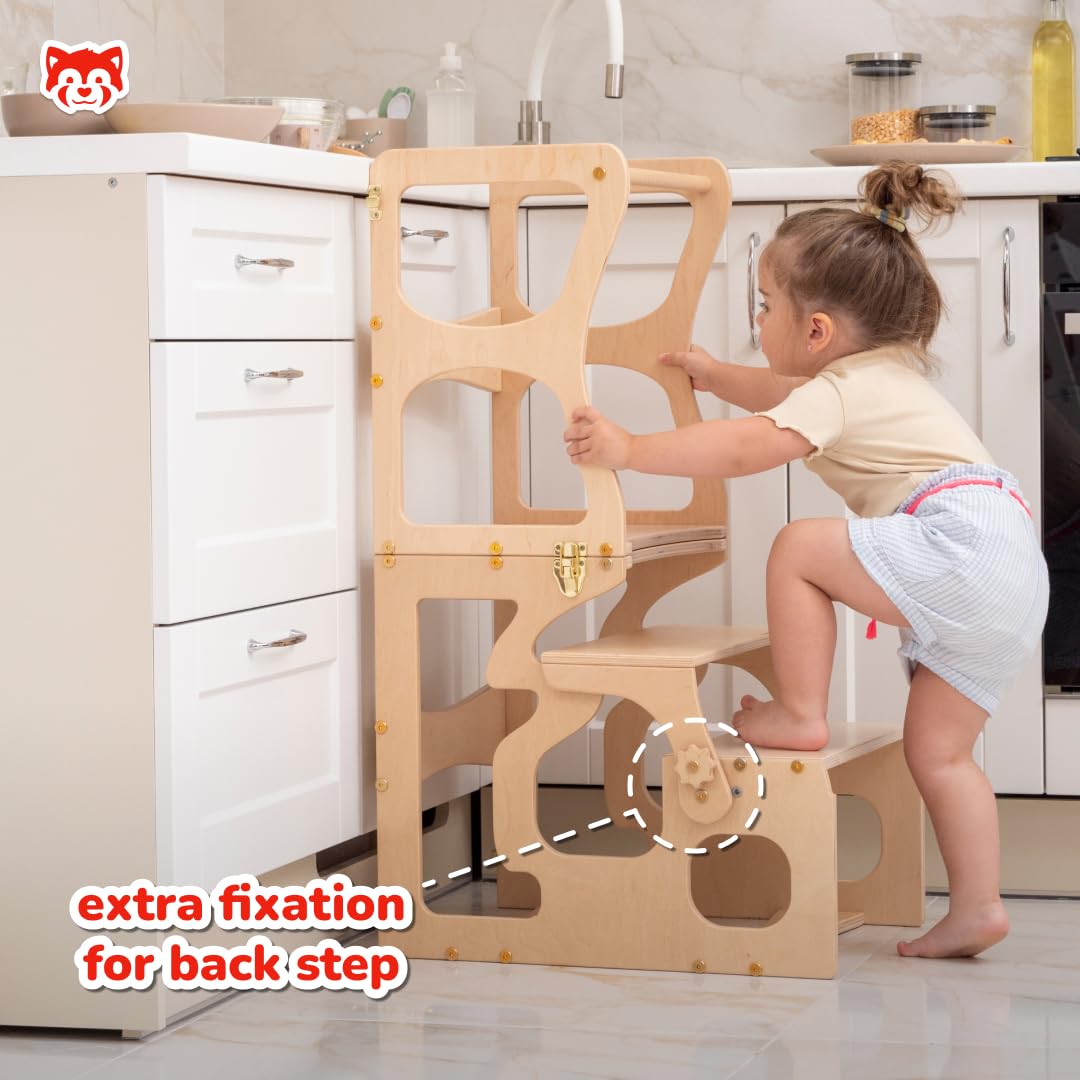 Wooden Step Stool for Toddlers - Montessori Learning Tower with Shapes - Safe Kitchen Helper Stool for Kids - Perfect for Baking, Cooking & Learning Independence - Made in Ukraine