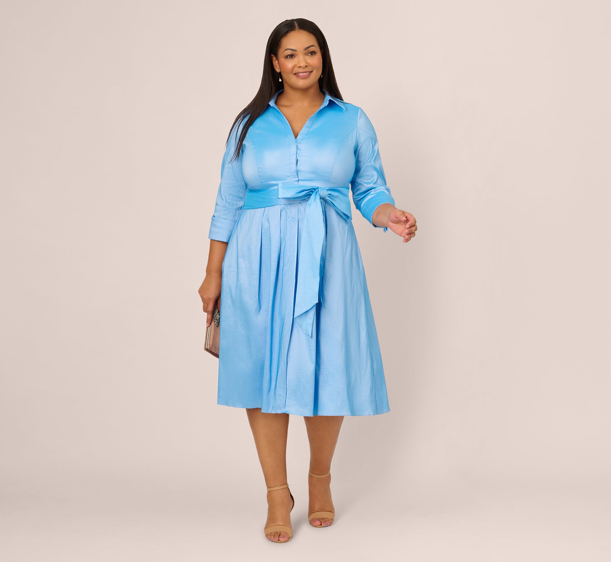 Plus Size Bluebell Taffeta Midi Shirt Dress with 3/4 Sleeves - Elegant Office Wear & Spring Casual Outfit for Women