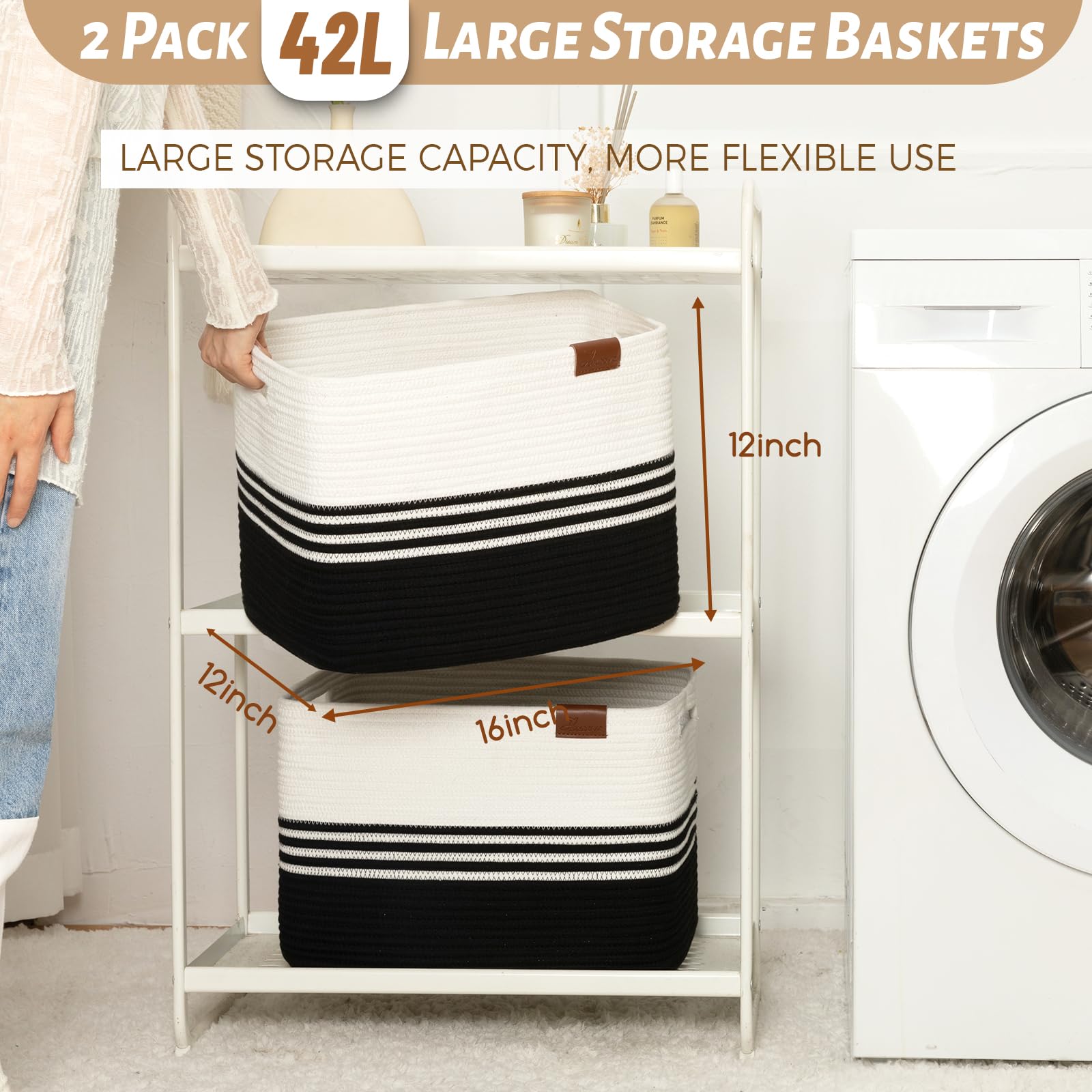 42L Storage Baskets 2-Pack - Cotton Rope Organizer Bins for Laundry, Toys & Blankets - Perfect for Closet, Living Room, Bedroom & Laundry Room Organization - Black