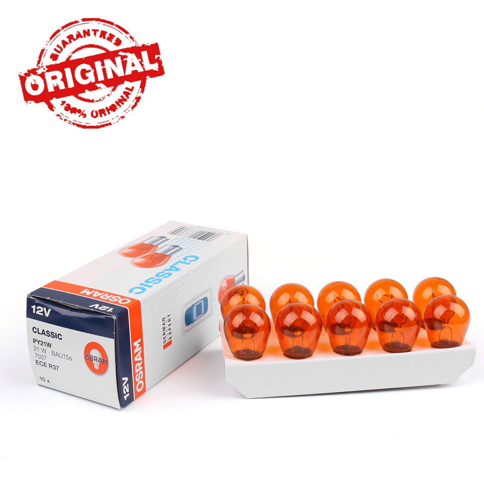 10X 7507 21W 12V PY21W OSRAM 2200K Amber Car Turn Signal Bulbs - High Visibility Auto Indicator Lights for Safer Driving (Fits Most Vehicles)