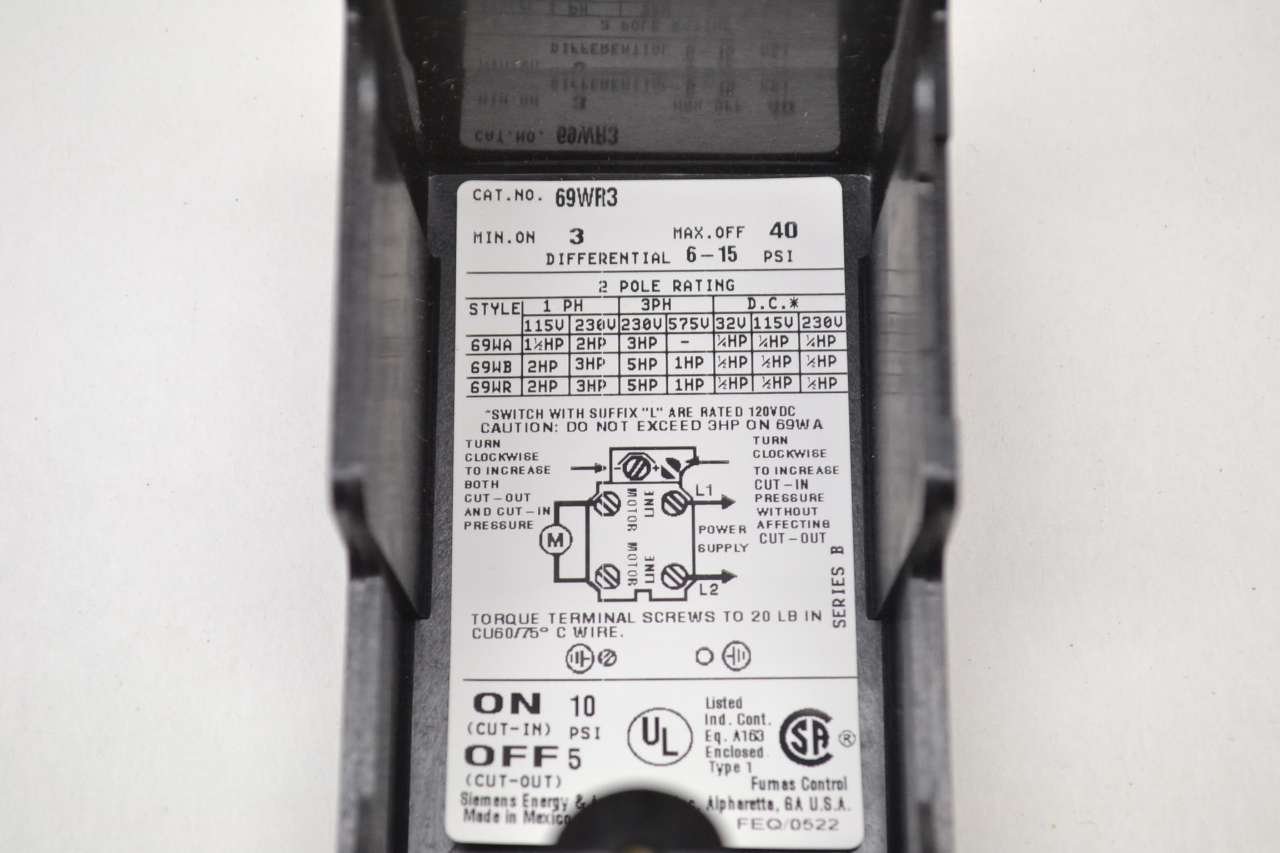 Siemens Furnas 69WR3 Pressure Switch - Heavy Duty Industrial Grade for HVAC, Compressors & Pump Control Systems | Reliable Pressure Regulation for Air & Water Applications