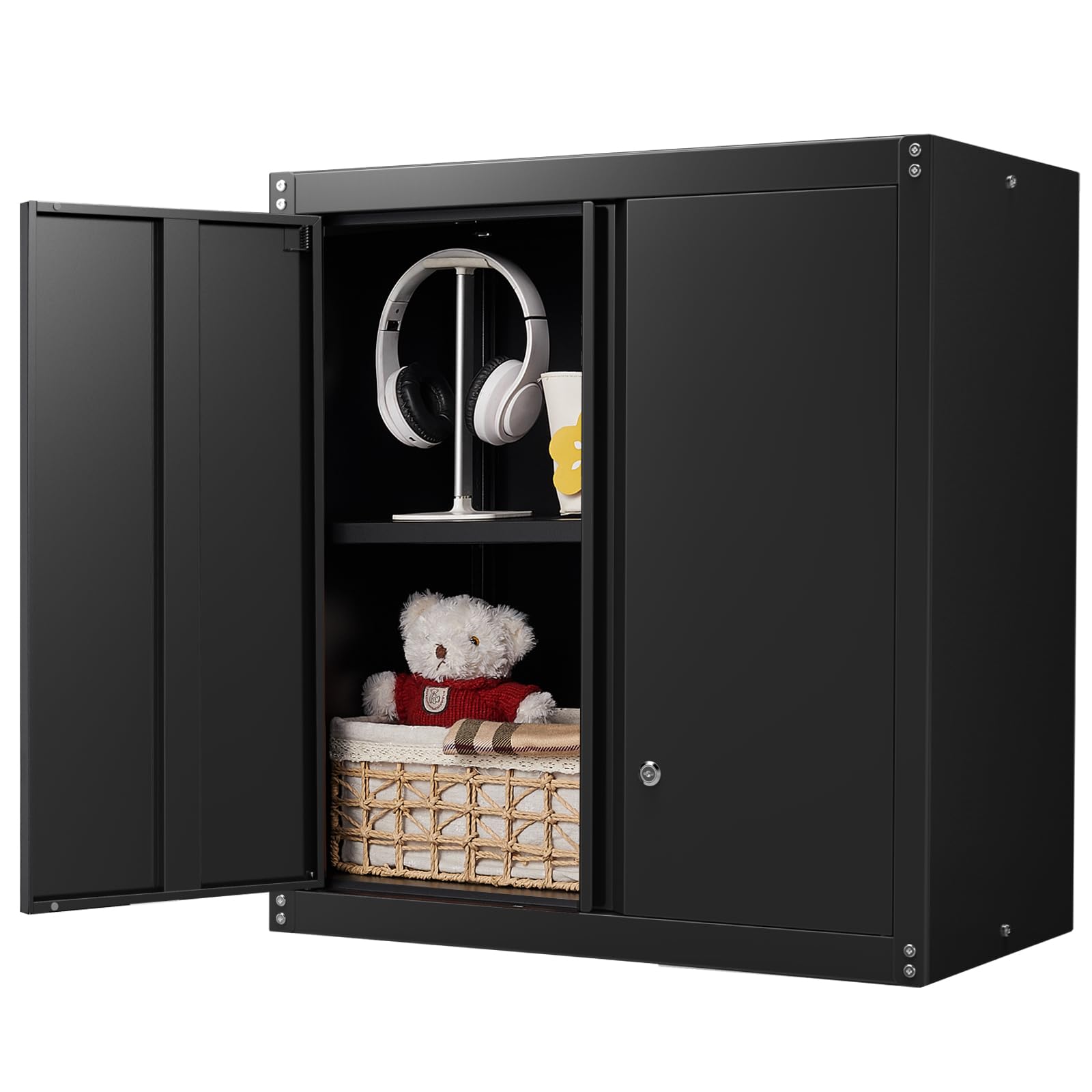 STEELIST Black Metal Wall Mount Storage Cabinet with 2 Locking Doors & Adjustable Shelf - Heavy Duty Garage Organizer for Tools, Kitchen Supplies, Laundry Room & Pantry Organization | Perfect for Home, Workshop & Utility Room Storage Solutions