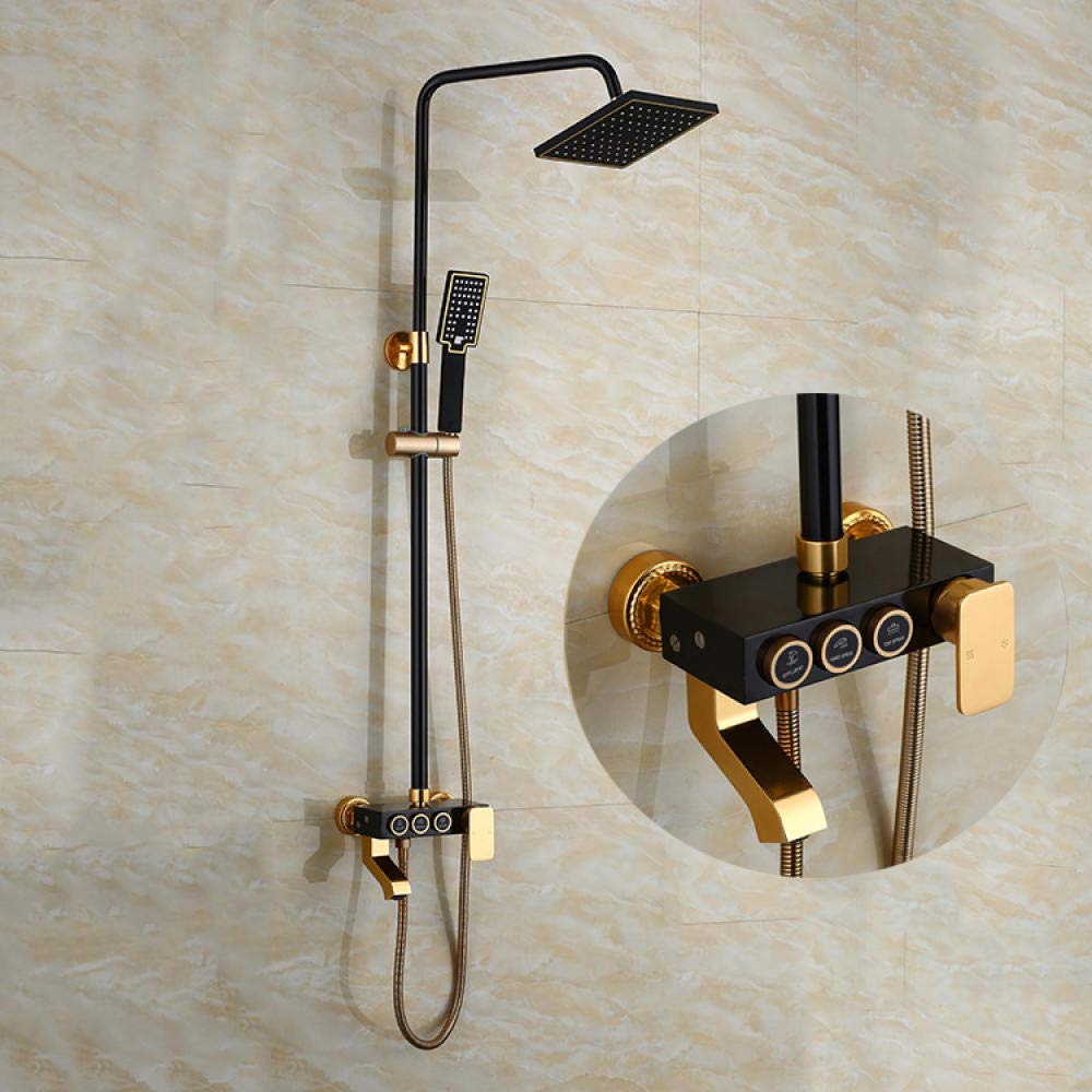 Black & Gold Plated Space Aluminum Bath Shower Faucet Set - Adjustable Height Bathroom Mixer Tap for Modern Luxury Showers (Ideal for Spa, Master Bathroom & Contemporary Home Decor)
