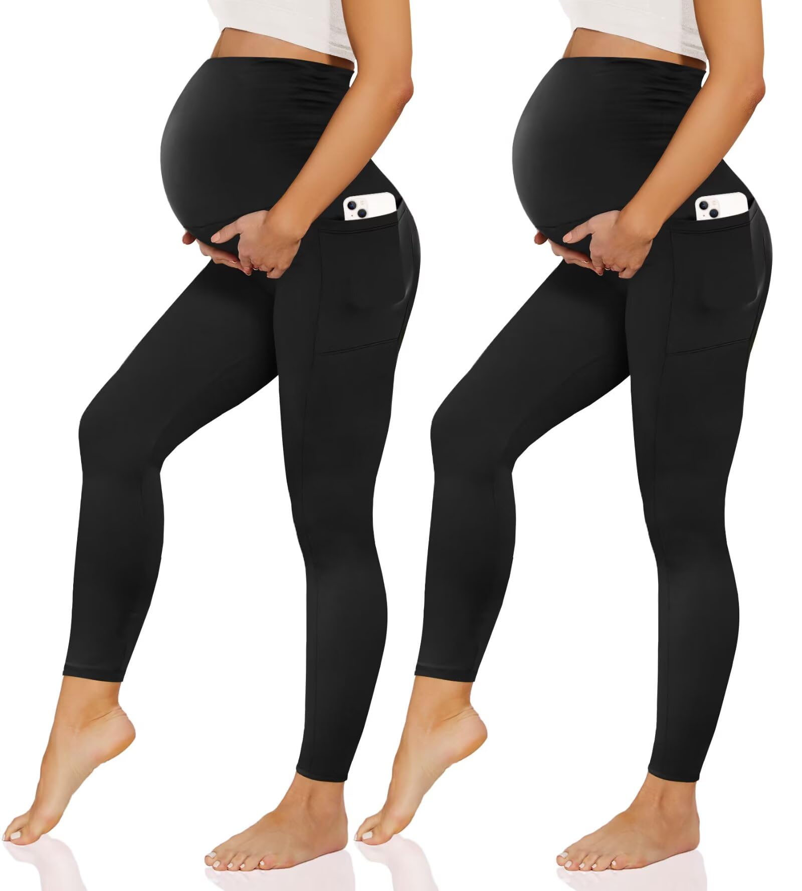 Happy Angel 2/3/4 Pack Maternity Leggings with Pockets - Over The Belly Pregnancy Yoga Pants for Women, Black Workout & Lounge Wear - Perfect for Prenatal Exercise, Office & Everyday Comfort