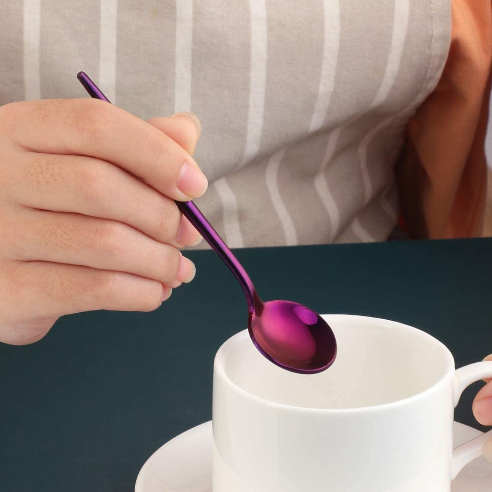 Elegant Purple Round Coffee Spoons - Set of 8 Stainless Steel Mini Espresso Spoons (5 Inch) for Tea, Dessert, Mixing | Dishwasher Safe | Perfect for Coffee Shops, Home Use, and Gift Giving