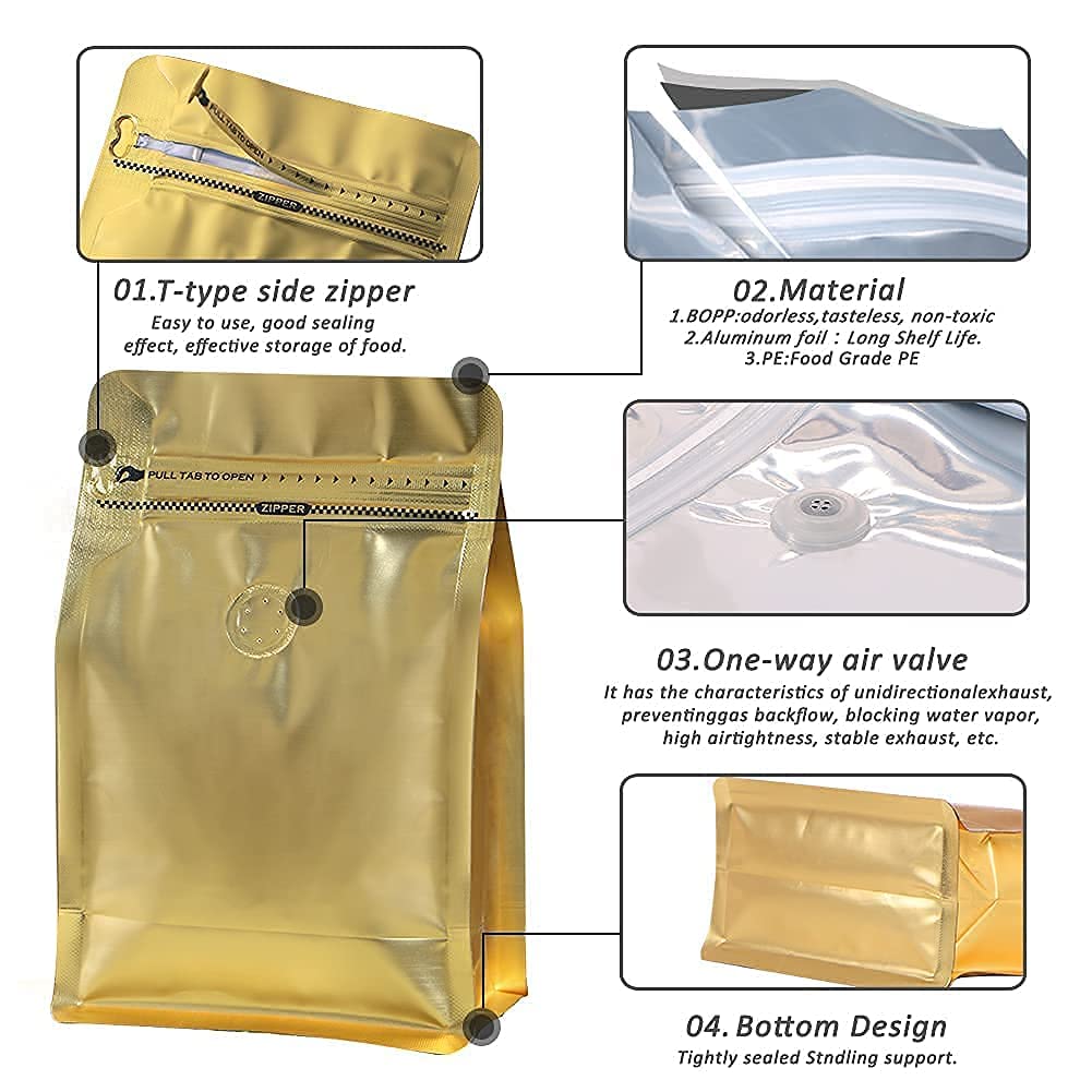 Premium Stand-Up Coffee Bags with One-Way Valve - High Barrier Aluminum Foil Flat Bottom Storage Bags for Fresh Coffee Beans (12oz/50pcs, Gold) | Reusable Heat Sealable Side Zipper Pouches - Perfect for Home Roasting, Coffee Shop Storage & Wholesale Bean Packaging