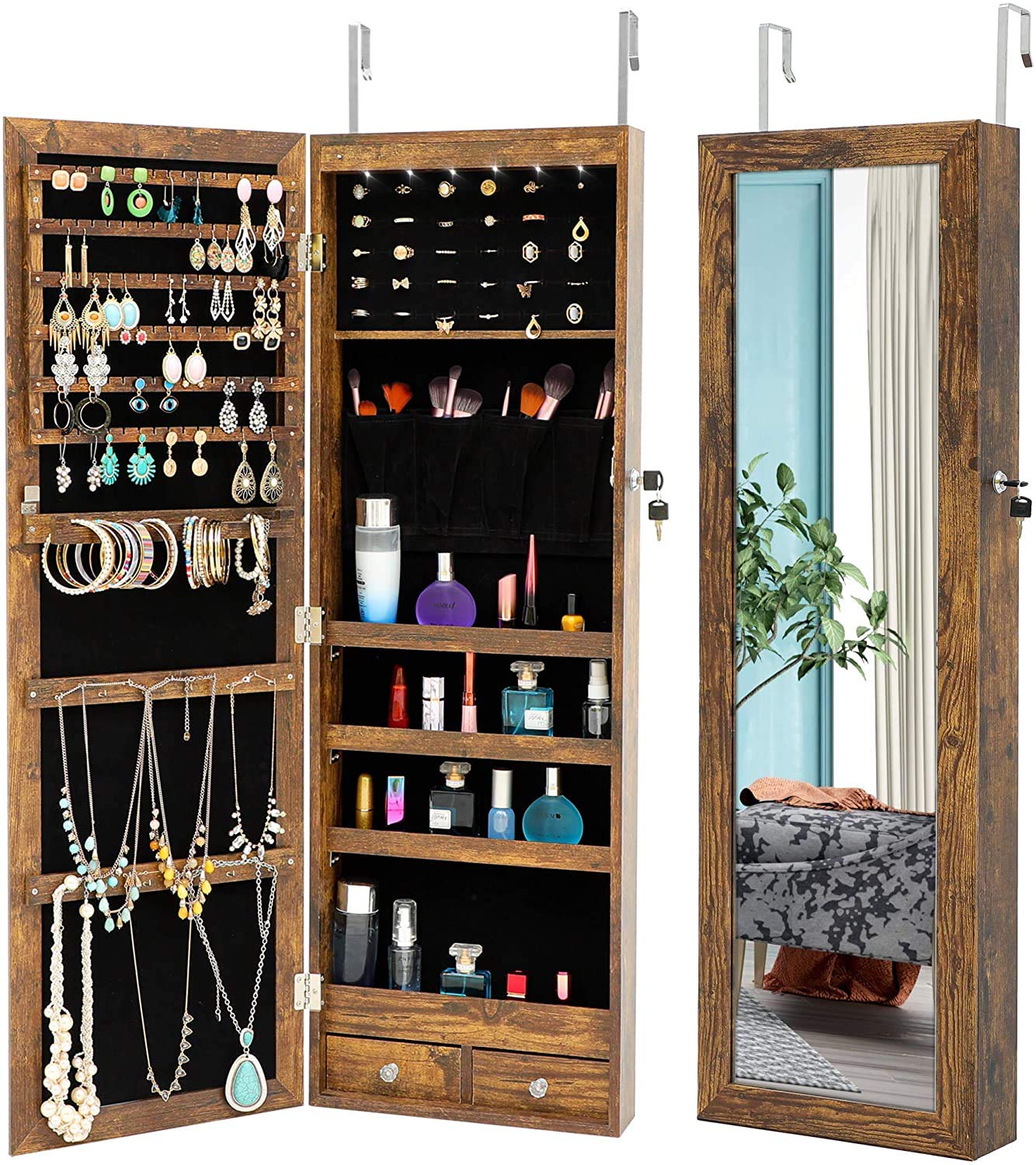 6 LED Jewelry Organizer Cabinet with Full-Length Mirror - Wall/Door Mounted Jewelry Armoire with Storage - Perfect Christmas/Birthday Gift for Women, Wife & Mother (Bedroom, Closet, Dressing Room Organization)