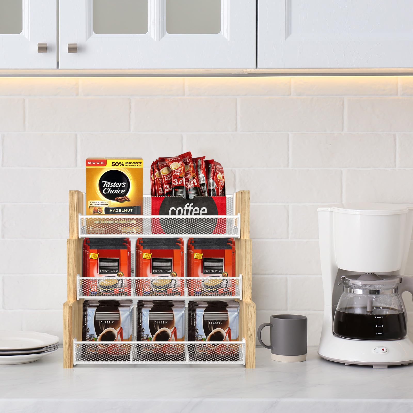 TJ.MOREE 3-Tier Solid Wood Tea Bag Organizer & Storage Box - Perfect for Tea, Coffee, Sugar Packets & Creamers - Ideal for Kitchen Countertop, Office, Cabinet Pantry & Home Organization (White)