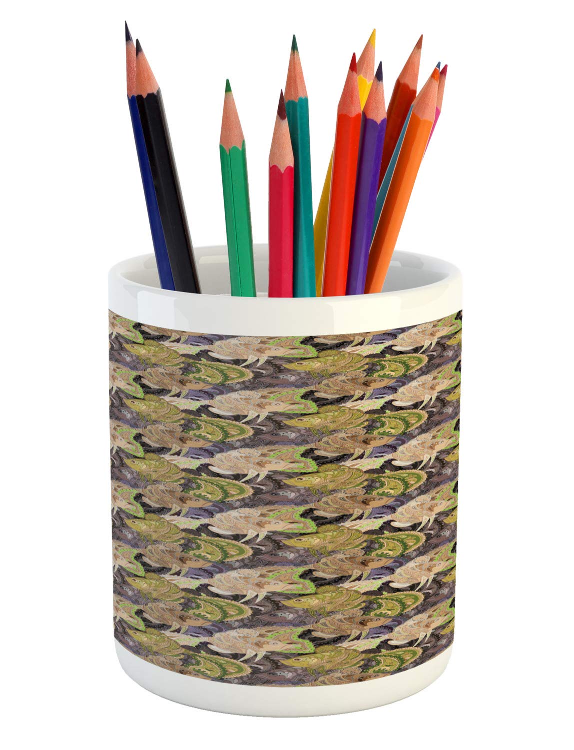 Ambesonne Persian Ceramic Pen Holder - Zentangle Oriental Fish Paisley Design Desk Organizer for Office & Home Use | Multicolor Printed Pencil Cup | Perfect for Writers, Artists & Students