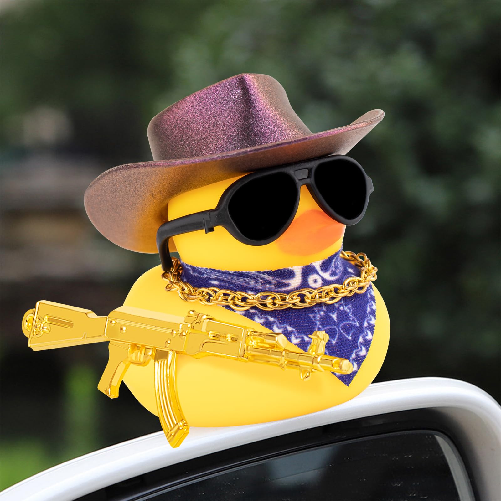 Wonuu Rubber Duck Car Ornaments - Cute Dashboard Decor with Cowboy Hat, Necklace & Sunglasses - Shiny Deep Purple Car Accessories for Fun Road Trips & Gifts