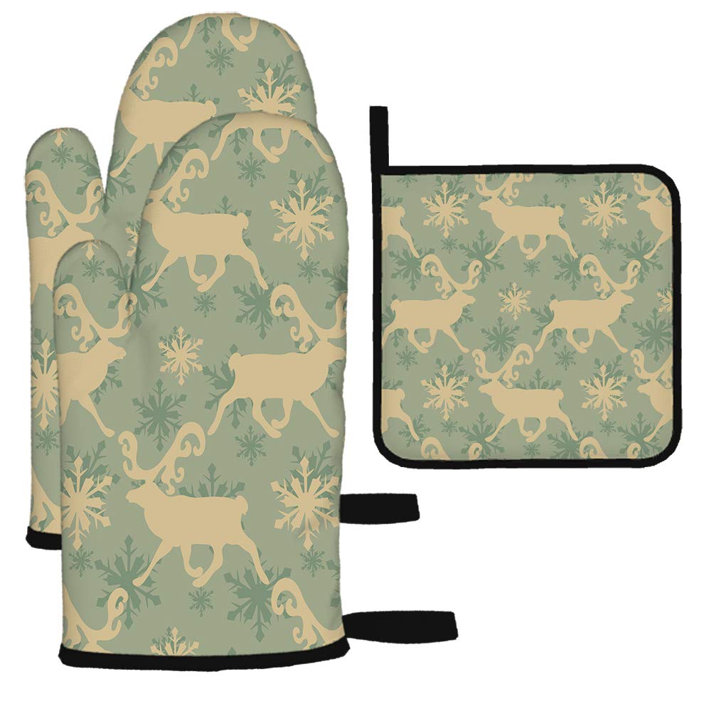 Vintage Moose Oven Mitts and Pot Holders Set - Retro Scandinavian Deer Antler Snowflake Wildlife Animal Art - Heat Resistant BBQ Gloves for Baking, Grilling & Cooking - Perfect for Kitchen, Camping & Holiday Gifts