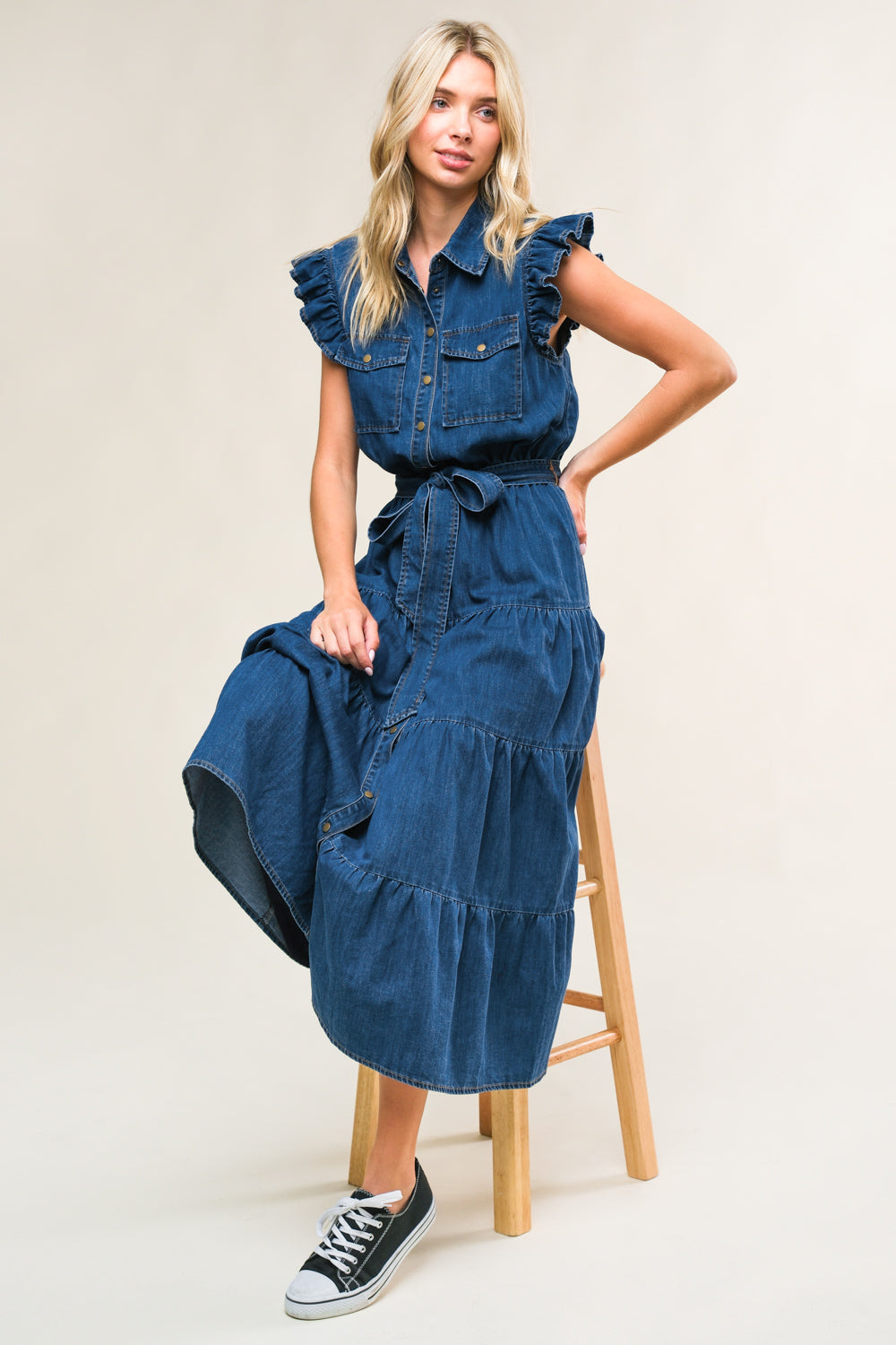 Stylish Woven Denim Midi Dress for Women - Trendy Casual & Summer Outfit - Perfect for Brunch, Beach, and Date Nights