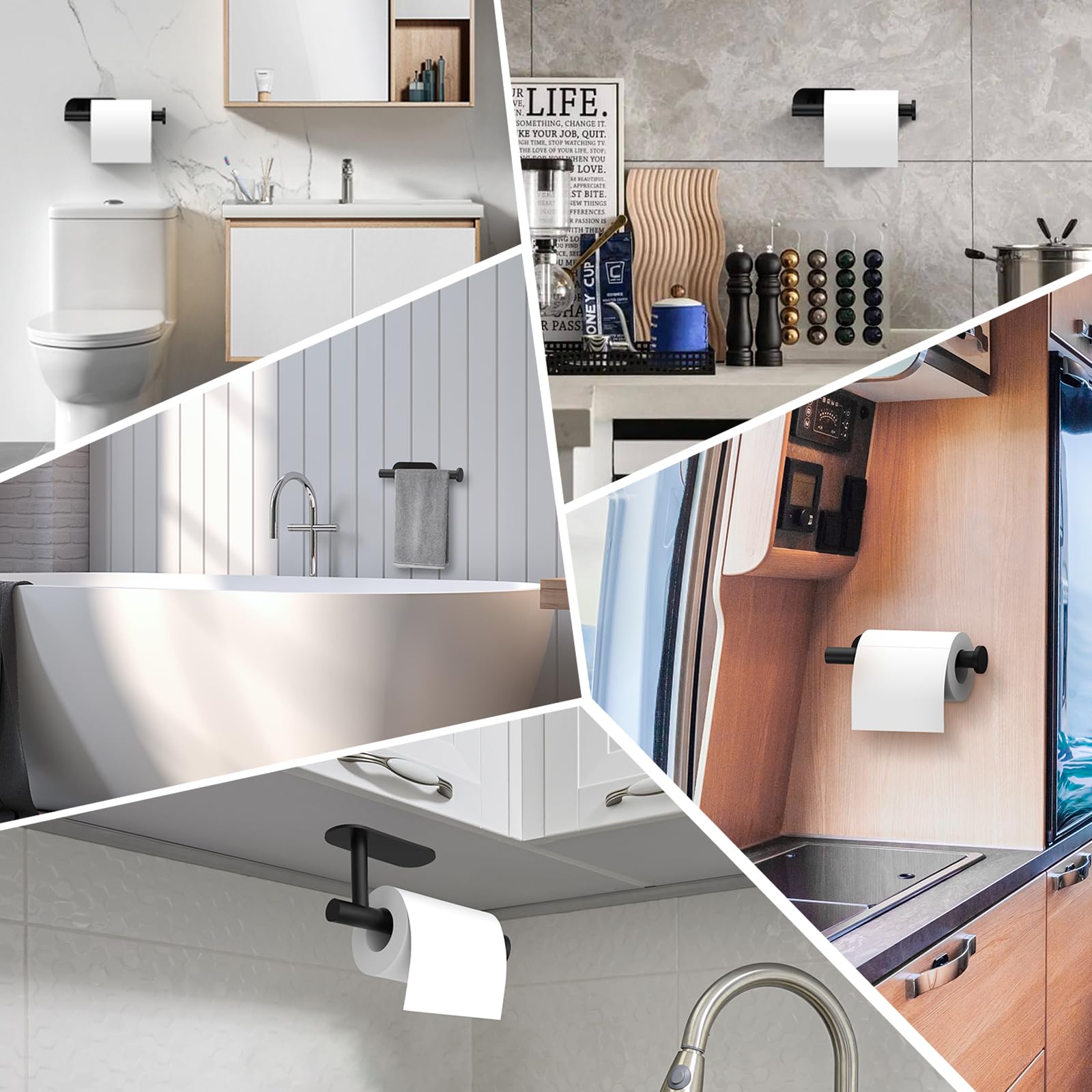 WYSE Self-Adhesive Black Toilet Paper Holder - No Drill Stick-On Bathroom Organizer, SUS304 Stainless Steel RV Toilet Roll Holder - Perfect for Small Bathrooms, RVs, Campers & Apartments