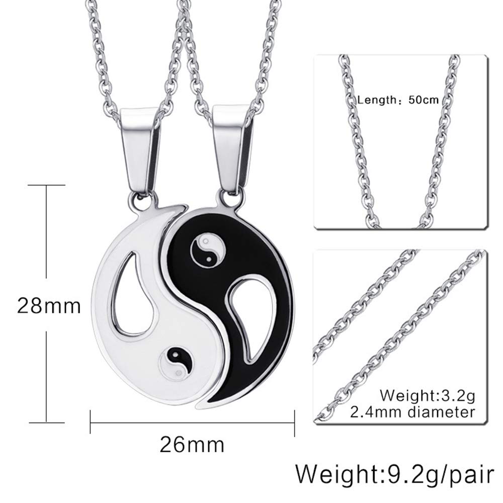 Yin Yang BFF Couples Pendant Necklace Set - 2 Piece Matching Puzzle Necklaces for Women, Men, Boys & Girls - Stainless Steel 19.6
