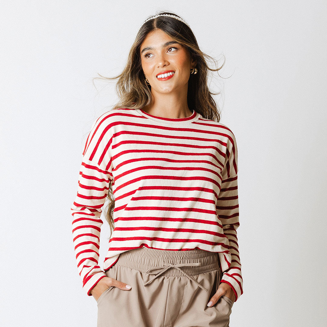 Stylish Crimson Striped Sweater for Women - Cozy Knit Pullover for Fall & Winter - Perfect for Casual Outfits & Holiday Gatherings