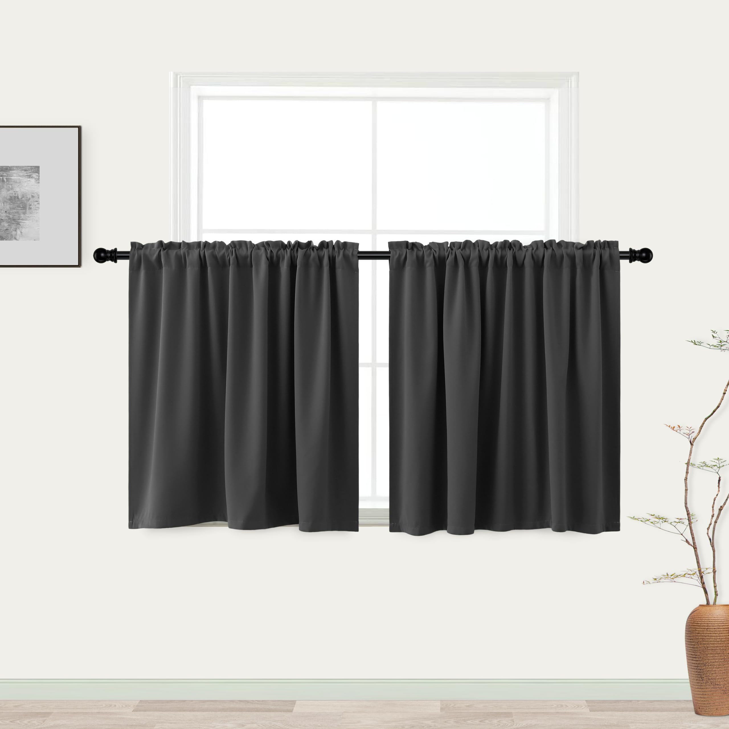 KOUFALL Short Blackout Curtains 36 Inches Long, Set of 2 Panels - Room Darkening Cafe Tier Curtains with Rod Pocket, Dark Gray (52x36 Inches) for Bathroom, Kitchen & Small Windows - Perfect for Privacy, Light Control & Home Decor