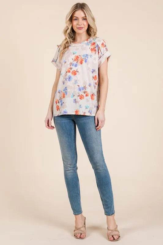 BOMBOM Floral Round Neck Ribbed T-Shirt for Women - Soft Stretch Casual Tee for Everyday Wear, Date Night & Summer Outfits