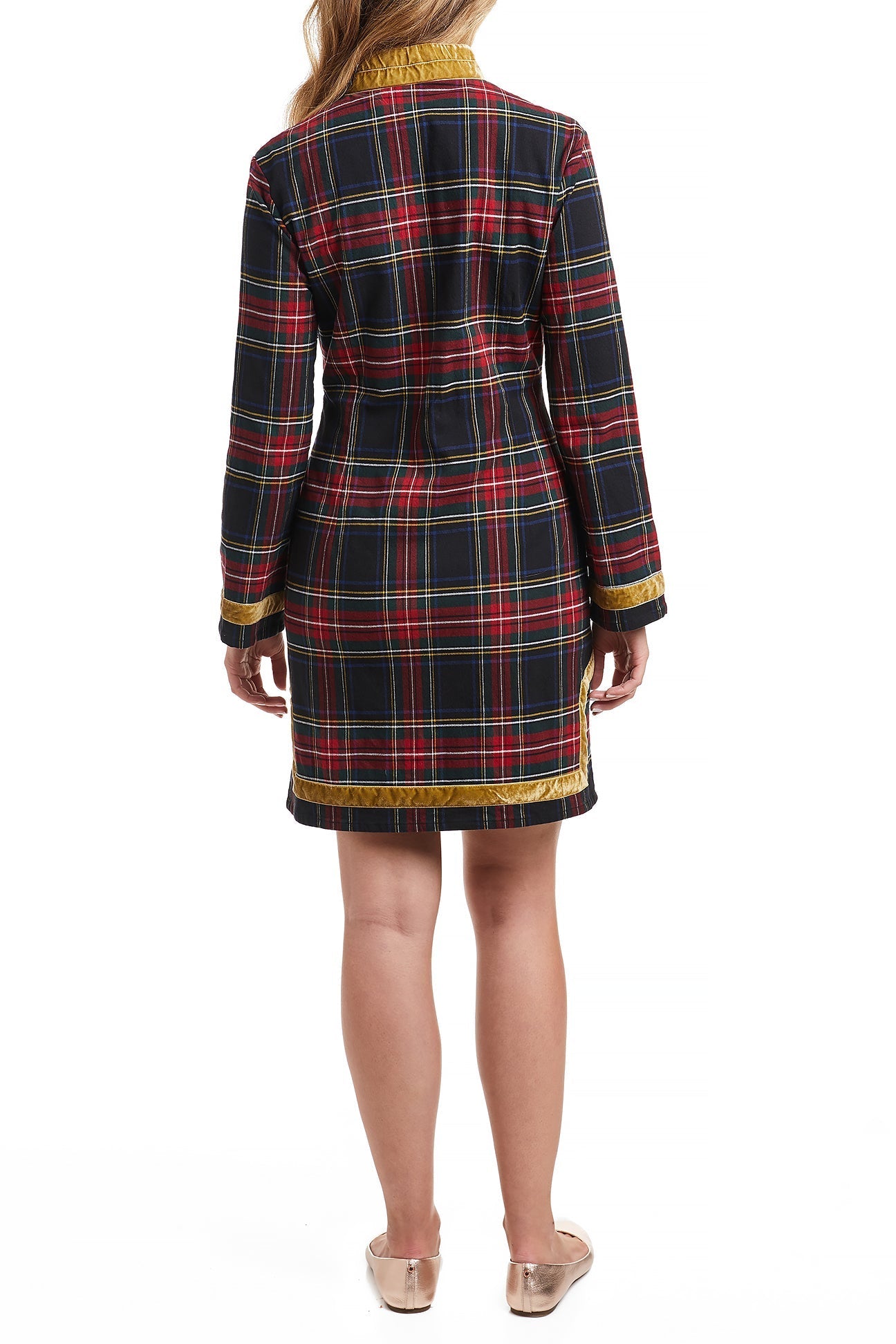 Women's Stretch Twill Tunic Dress with Gold Velvet Trim - Black Stewart | Casual Wear, Office Outfit & Special Occasion Dress