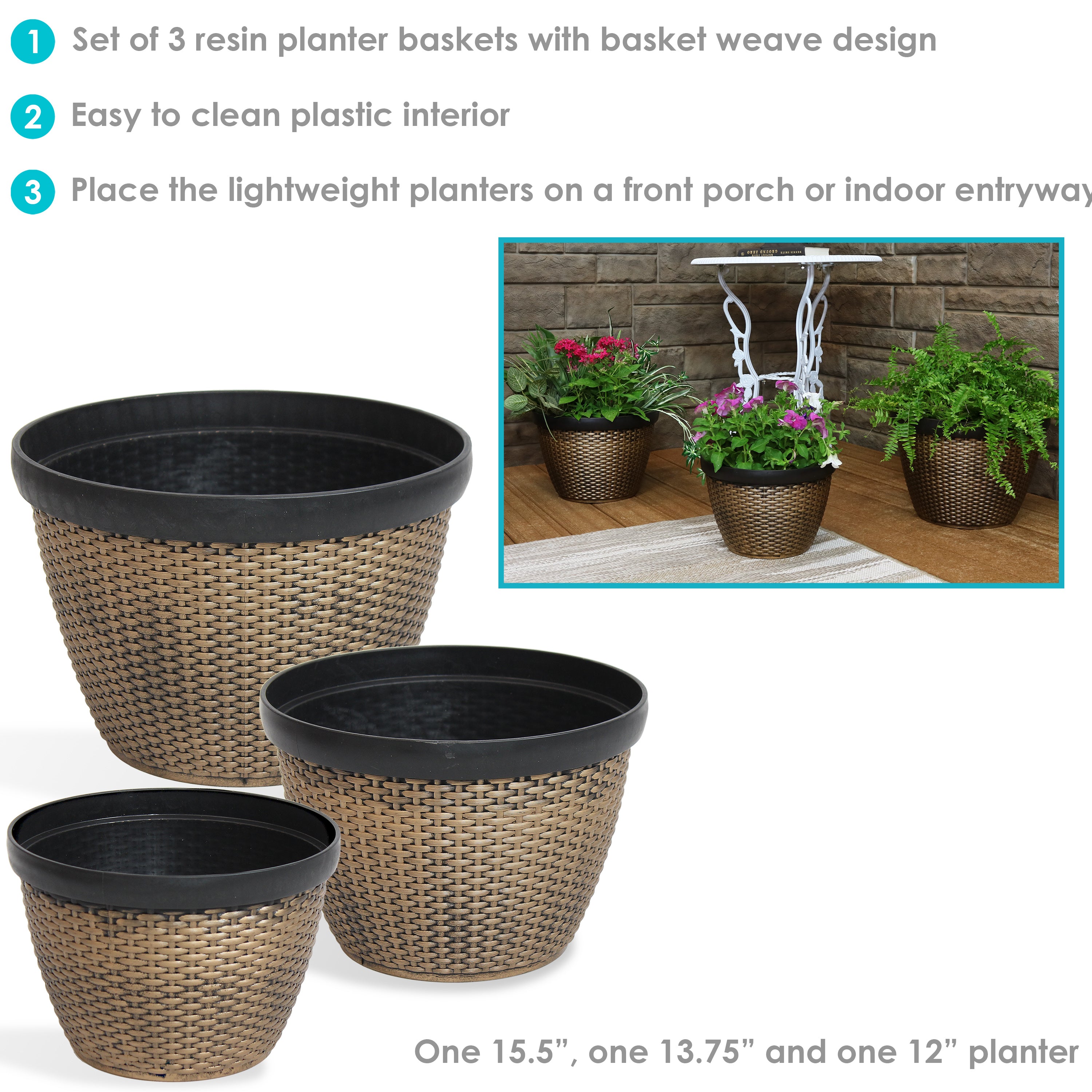 Sunnydaze Resin Faux Basketweave Outdoor Planters - Set of 3 for Patio, Garden, and Porch Decor