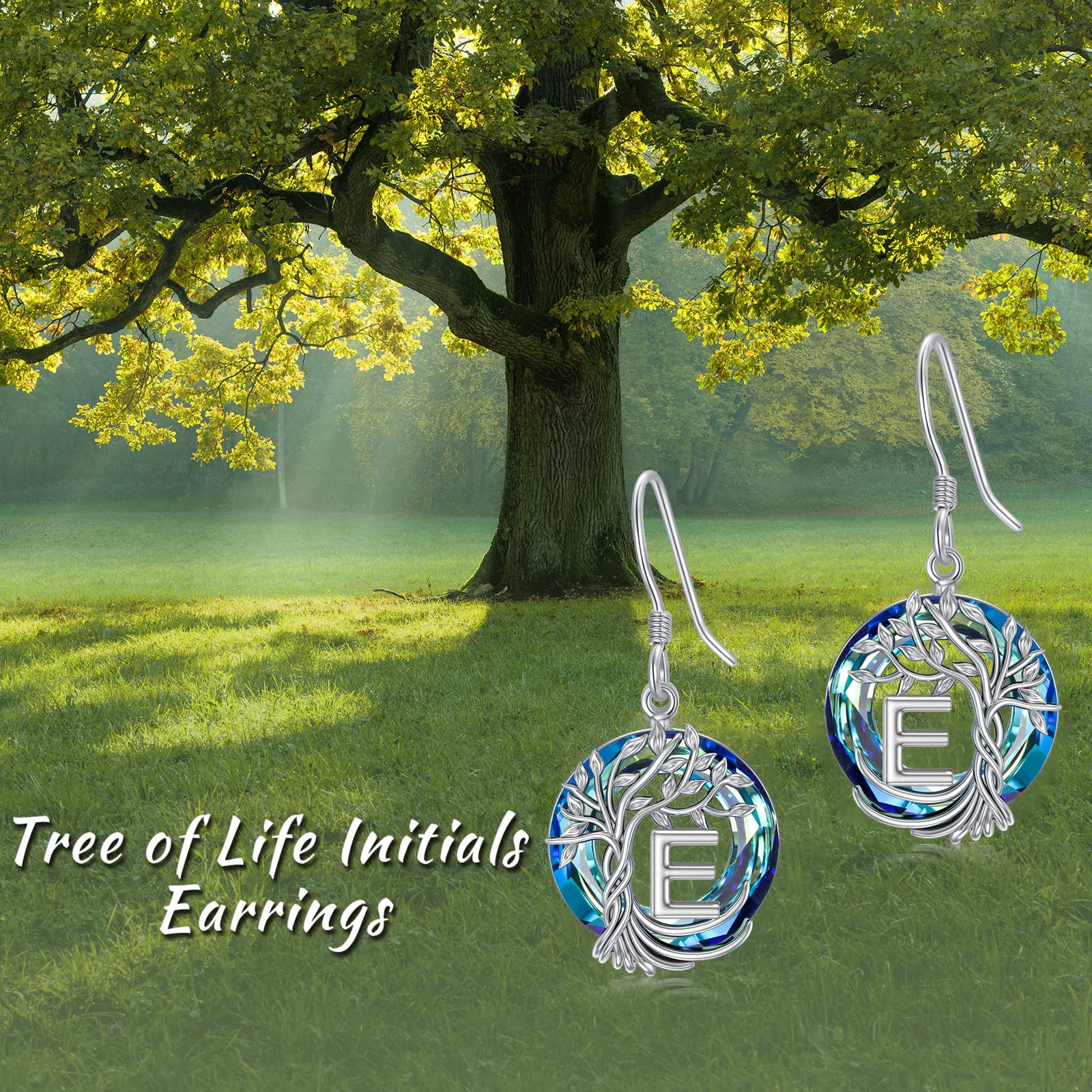 TOUPOP Tree of Life Initial Earrings - 925 Sterling Silver A-Z Letter Drop Dangle Earrings with Blue Circle Crystal, Valentine's Day, Anniversary & Birthday Gift for Women, Her Girlfriend or Mom | Perfect for Romantic Occasions, Date Nights & Special Celebrations
