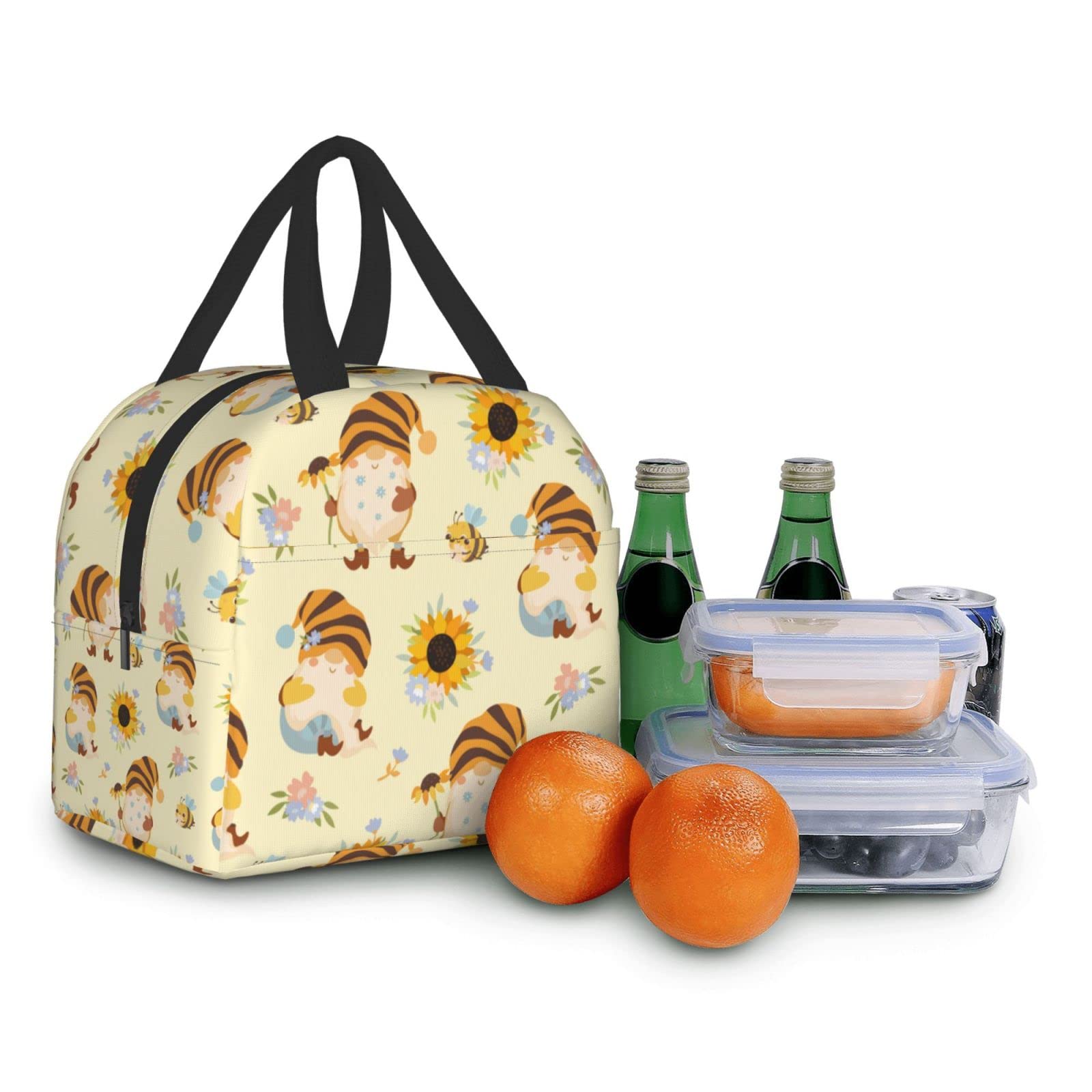 Insulated Lunch Box with Cute Sunflower & Gnome Design - Reusable & Leakproof Meal Container for Work, School, Travel & Picnic - Portable Tote Lunch Bag for Men & Women