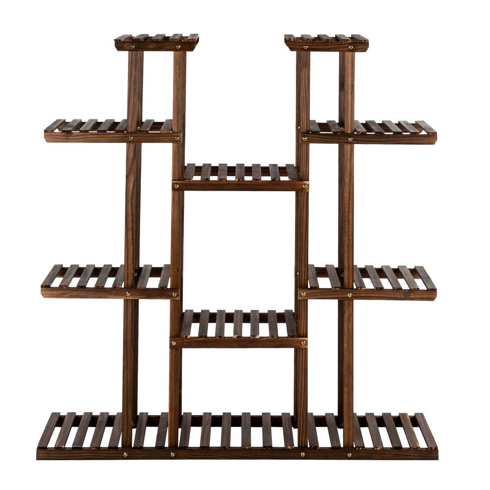 MengK Artisasset 6-Tier 11-Shelf Indoor Outdoor Multi-Purpose Carbonized Wood Plant Stand - Perfect for Home Garden, Balcony, Patio & Office Decor