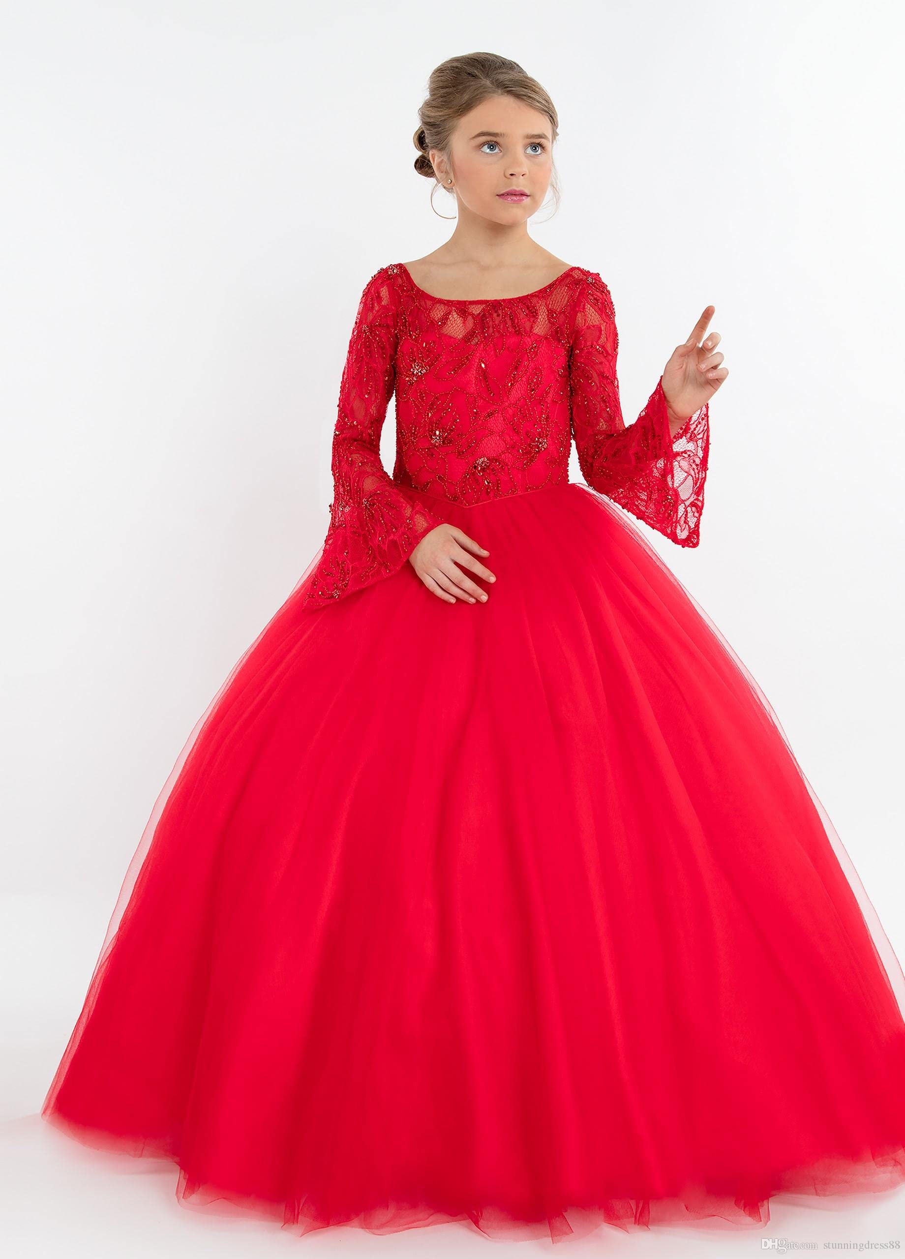 Girl's Tulle Flower Girl Dress with Lace Long Sleeves - Elegant Christmas & Birthday Party Dresses for Weddings, Pageants & Special Occasions