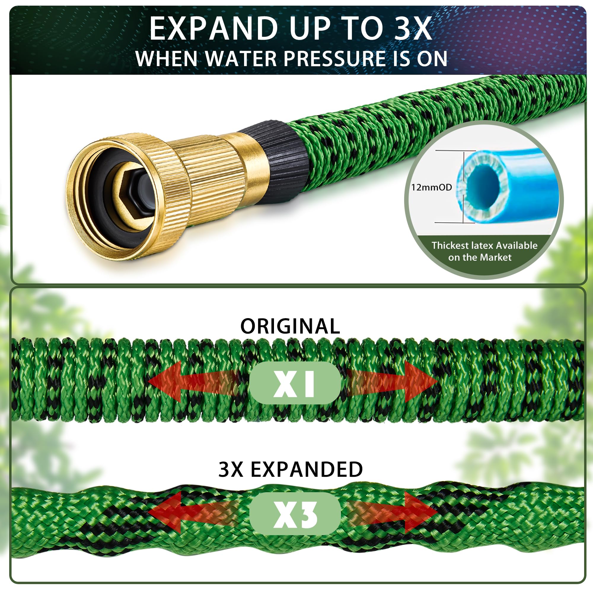 100ft Expandable Garden Hose - Lightweight, Ultra Flexible & Durable Kink-Free Expanding Water Hose for RV, Boat, Camping - Perfect for Outdoor Watering, Car Washing & Pet Cleaning (Green & Black)