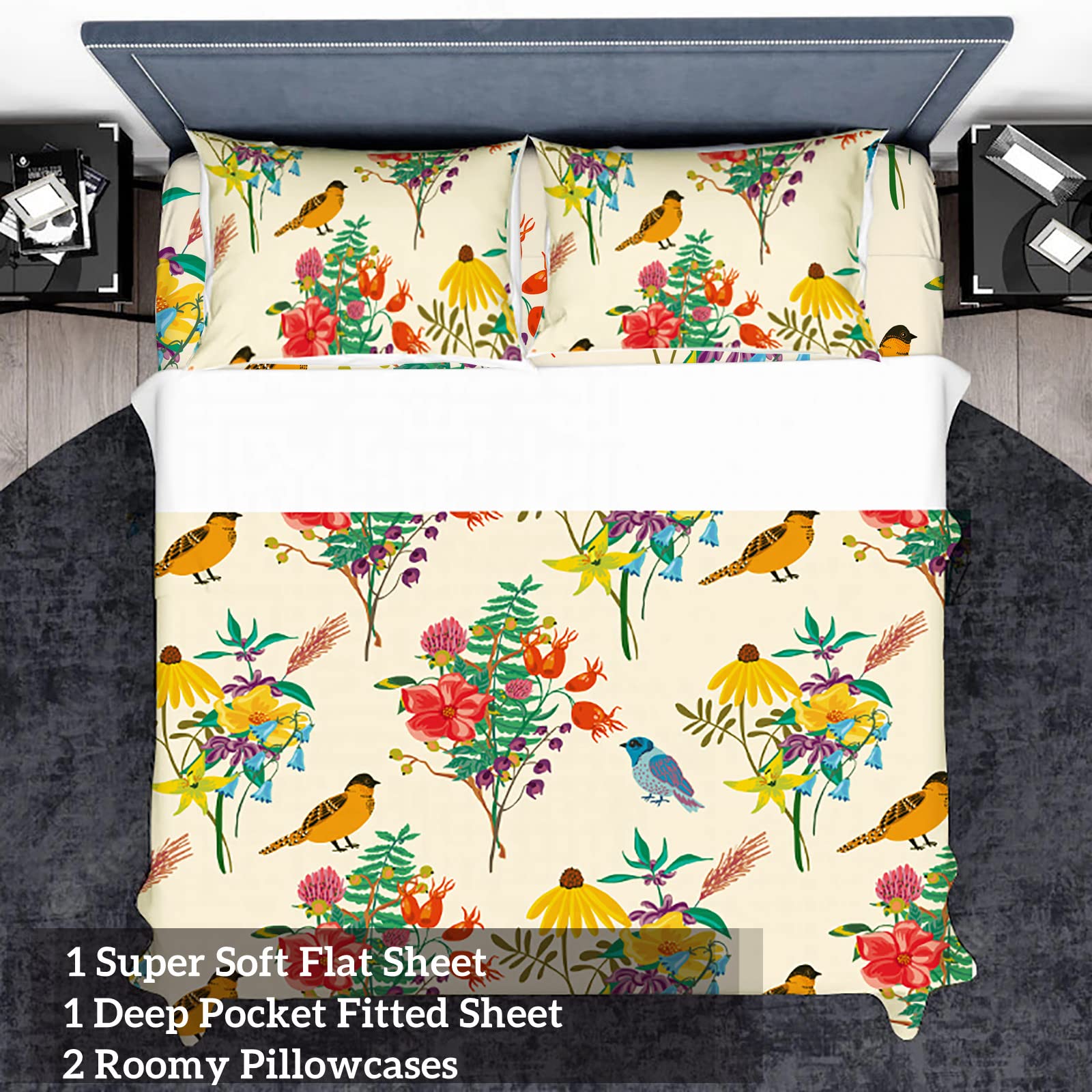 Floral Queen Bed Sheets Set - Cream Botanical Branches & Birds Pattern, 4-Piece Deep Pocket Sheets with 2 Pillowcases, Ultra Soft Cotton for Cozy Bedroom Decor | Perfect for Master Bedroom, Guest Room & Dorm