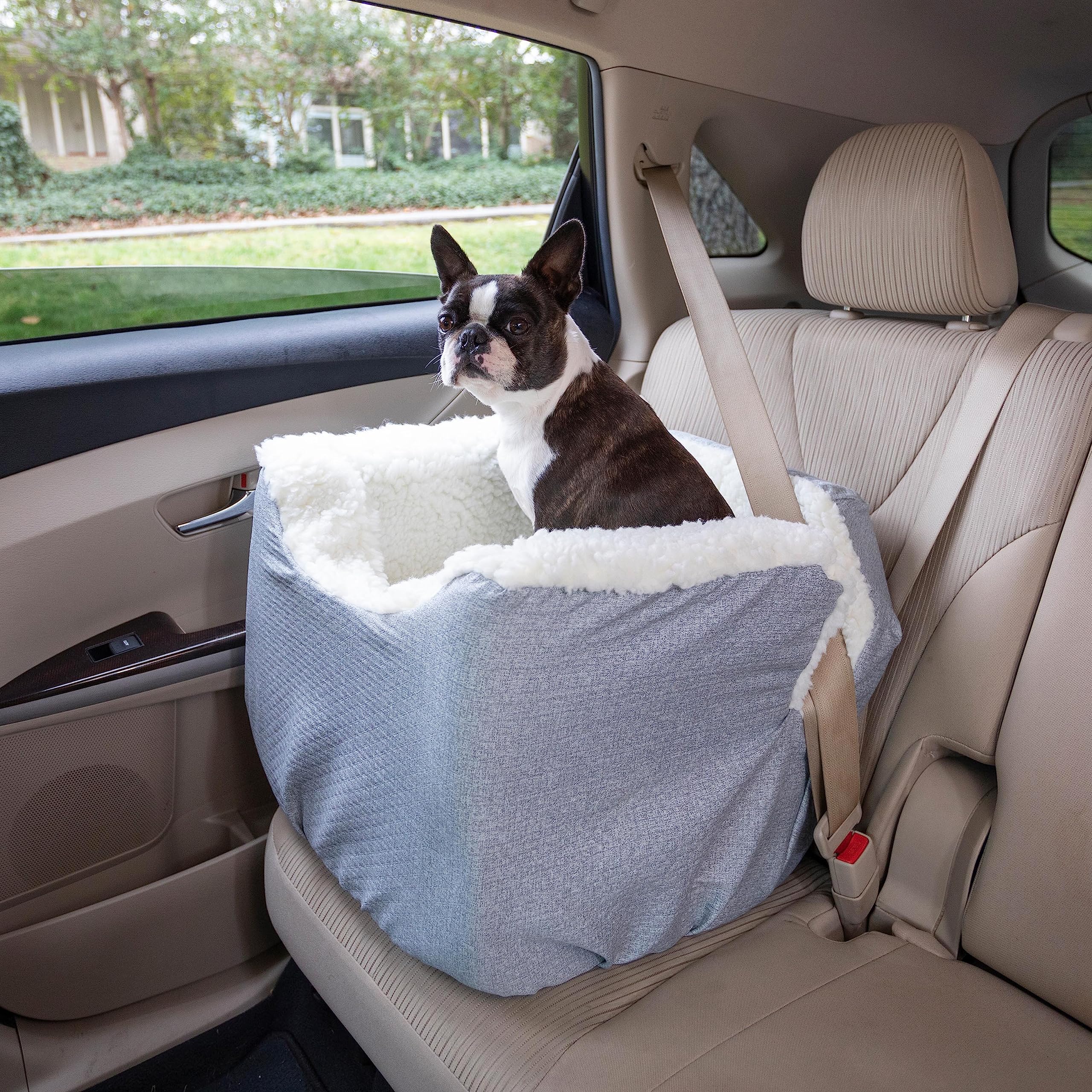 Snoozer Lookout I Dog Booster Car Seat for Small Dogs 5-15 lbs - Stone Diamond Fabric Pet Car Seat to Prevent Motion Sickness - Removable & Machine Washable Cover - Perfect for Road Trips & Vet Visits