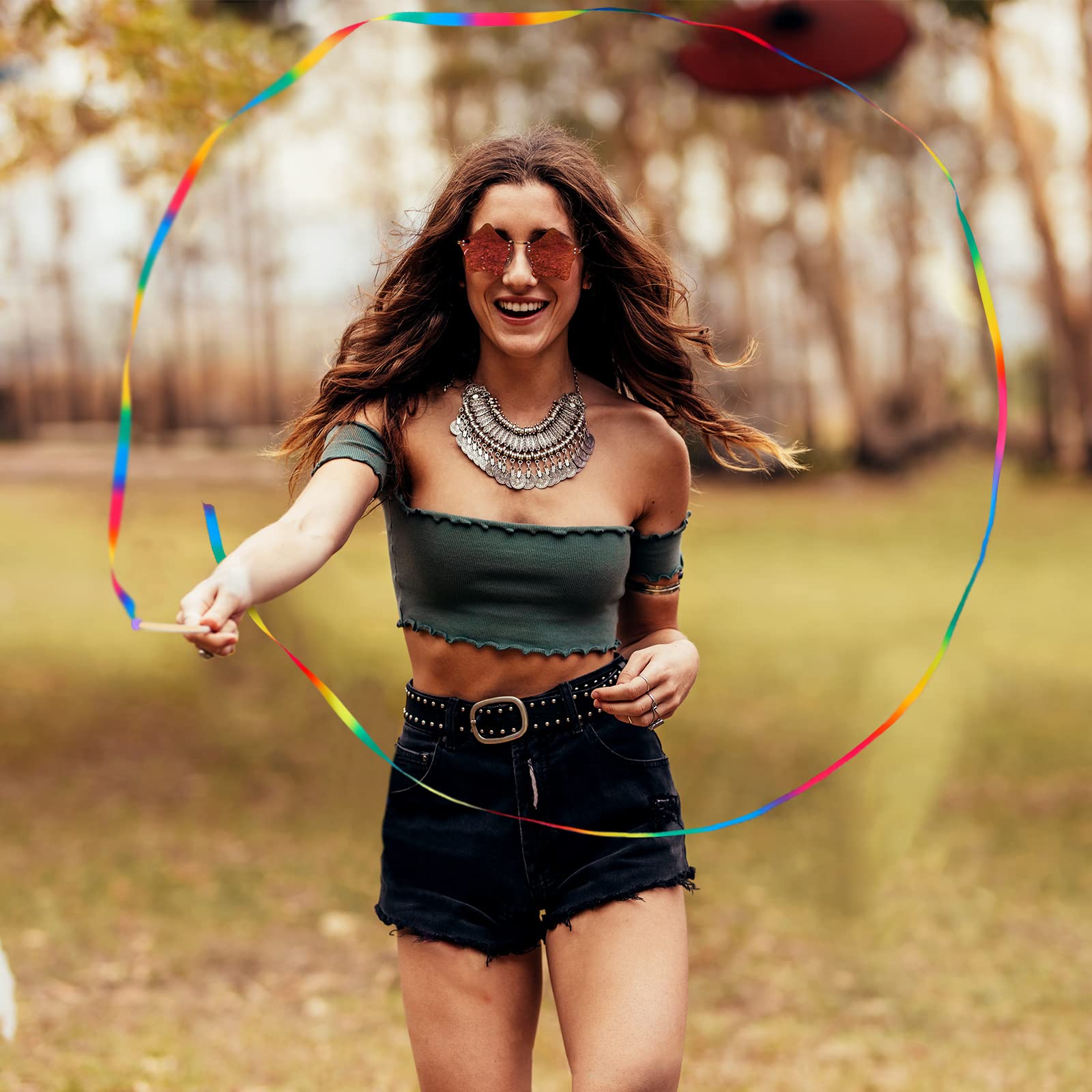 2 Pcs 8ft Rainbow Silk Streamer Ribbon Stick - Gymnastics Dance Wand for Kids, Artistic Performance, Gym Training, Circus Baton Twirling - Perfect for Dance Recitals, Birthday Parties & Outdoor Play