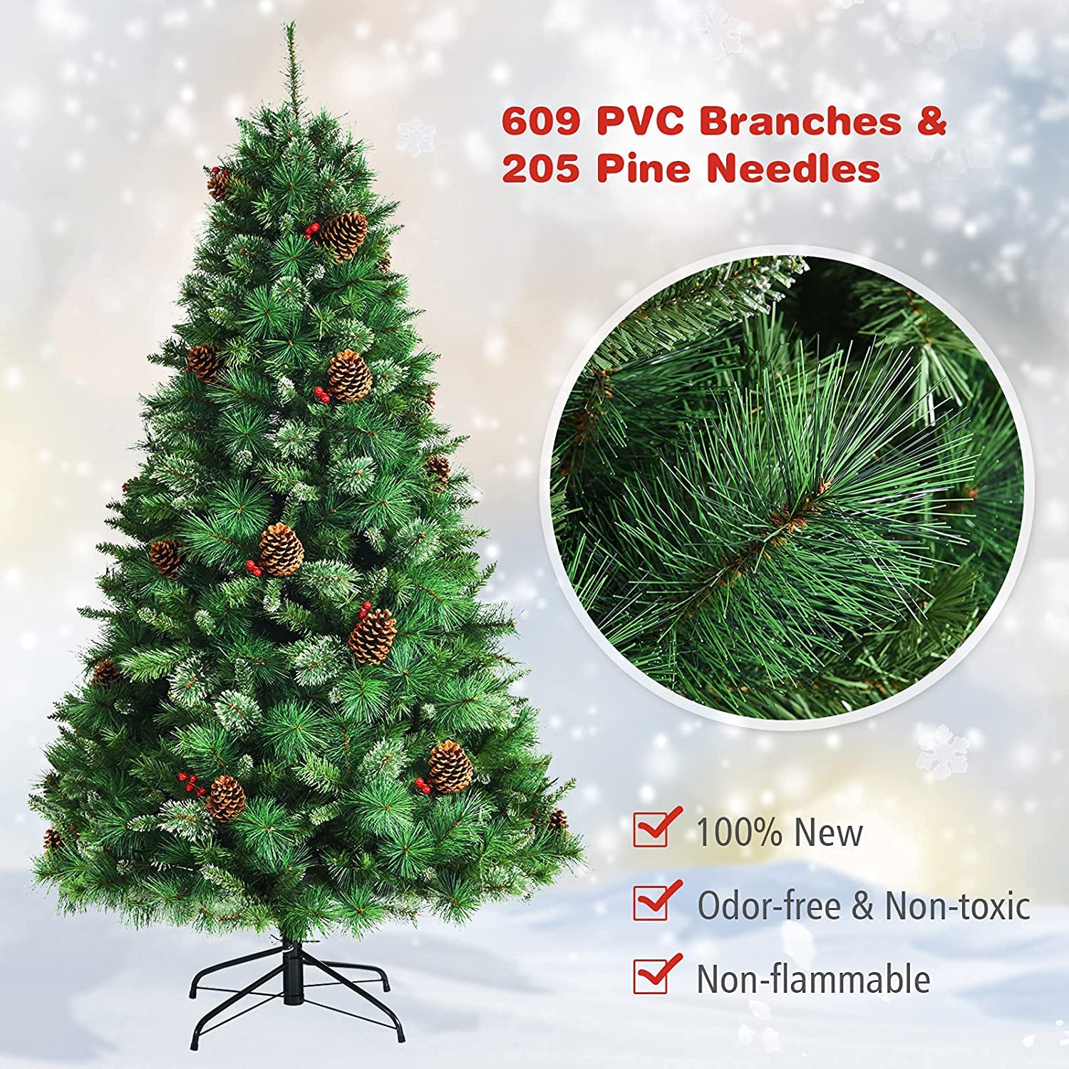CHEFJOY 7ft Artificial Christmas Tree with Realistic PVC Pine Needles, Red Berries & Pine Cones - Pre-Lit Hinged Xmas Tree with Metal Stand for Easy Assembly | Perfect for Living Room, Office & Holiday Decorations