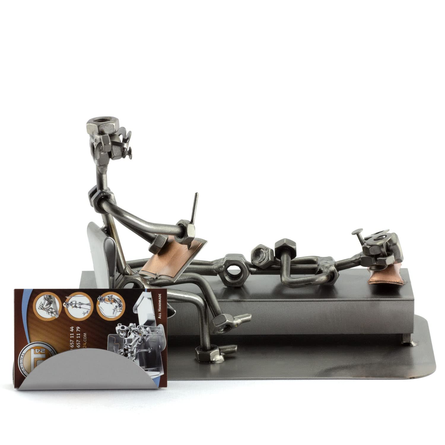 Handmade Metal Psychologist Sculpture with Personalized Engraving - Nuts & Bolts Business Card Holder - German-Made Office Desk Decor for Therapists & Mental Health Professionals