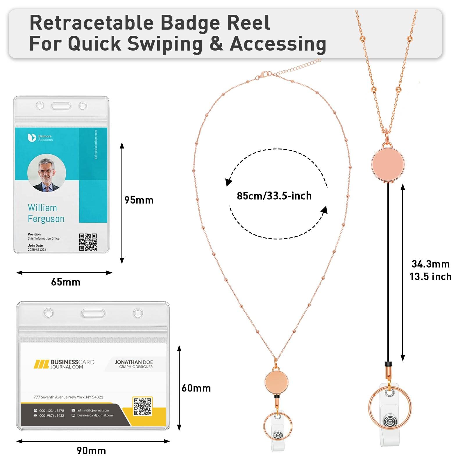 Retractable Badge Lanyard with ID Holder - 3 Pack Beaded Necklace for Work & Events (Rose Gold, Silver, Gold)