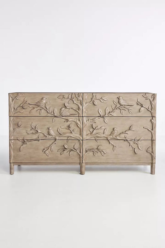 Hand Carved Ornithology Wooden Bird Design Six Drawer Dresser - Vintage Style Bedroom Furniture for Home Decor & Storage