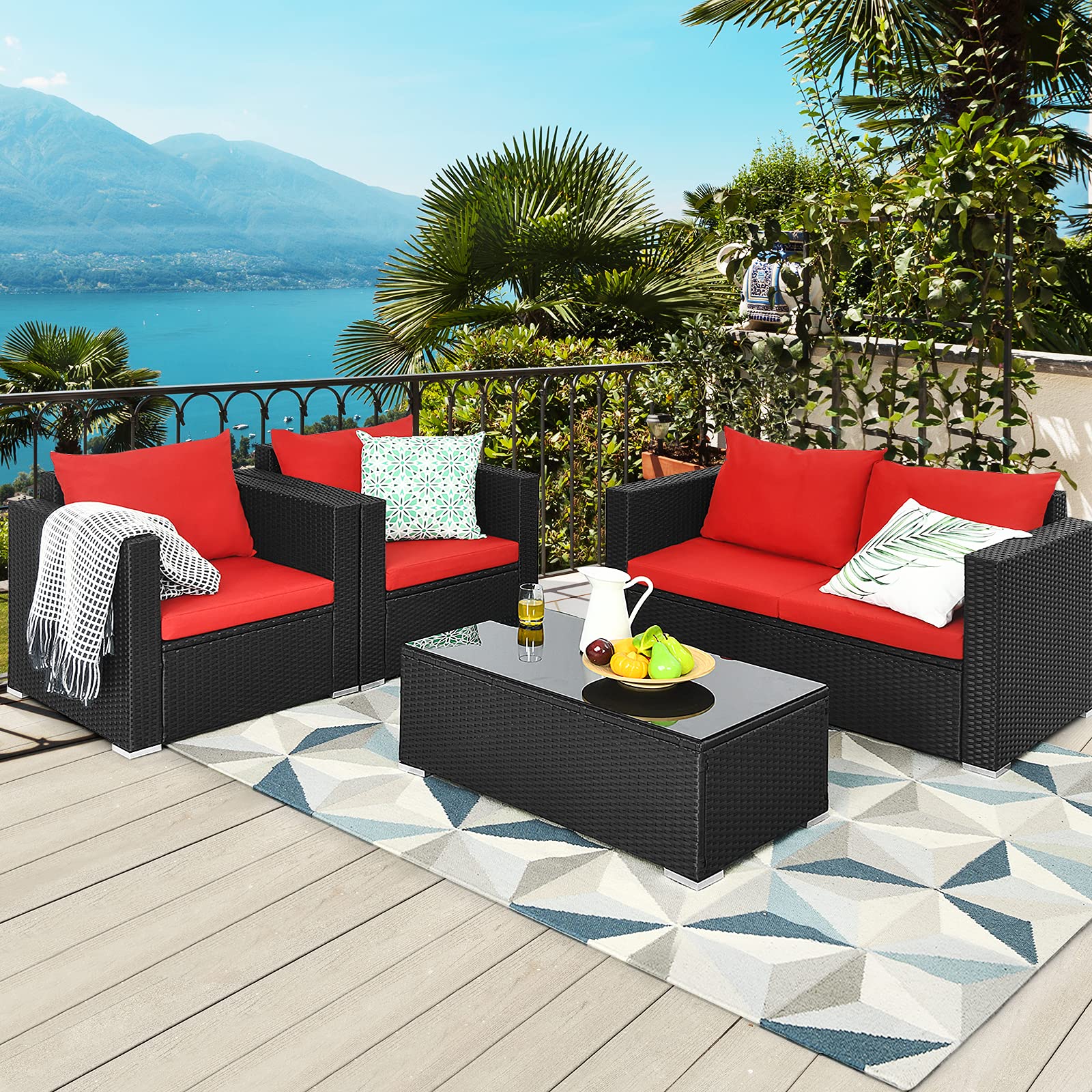 HappyGrill 4-Piece Outdoor Patio Conversation Set - Rattan Wicker Sofa with Tempered Glass Table & Removable Cushions - Garden, Backyard, Poolside Furniture for Relaxing and Entertaining